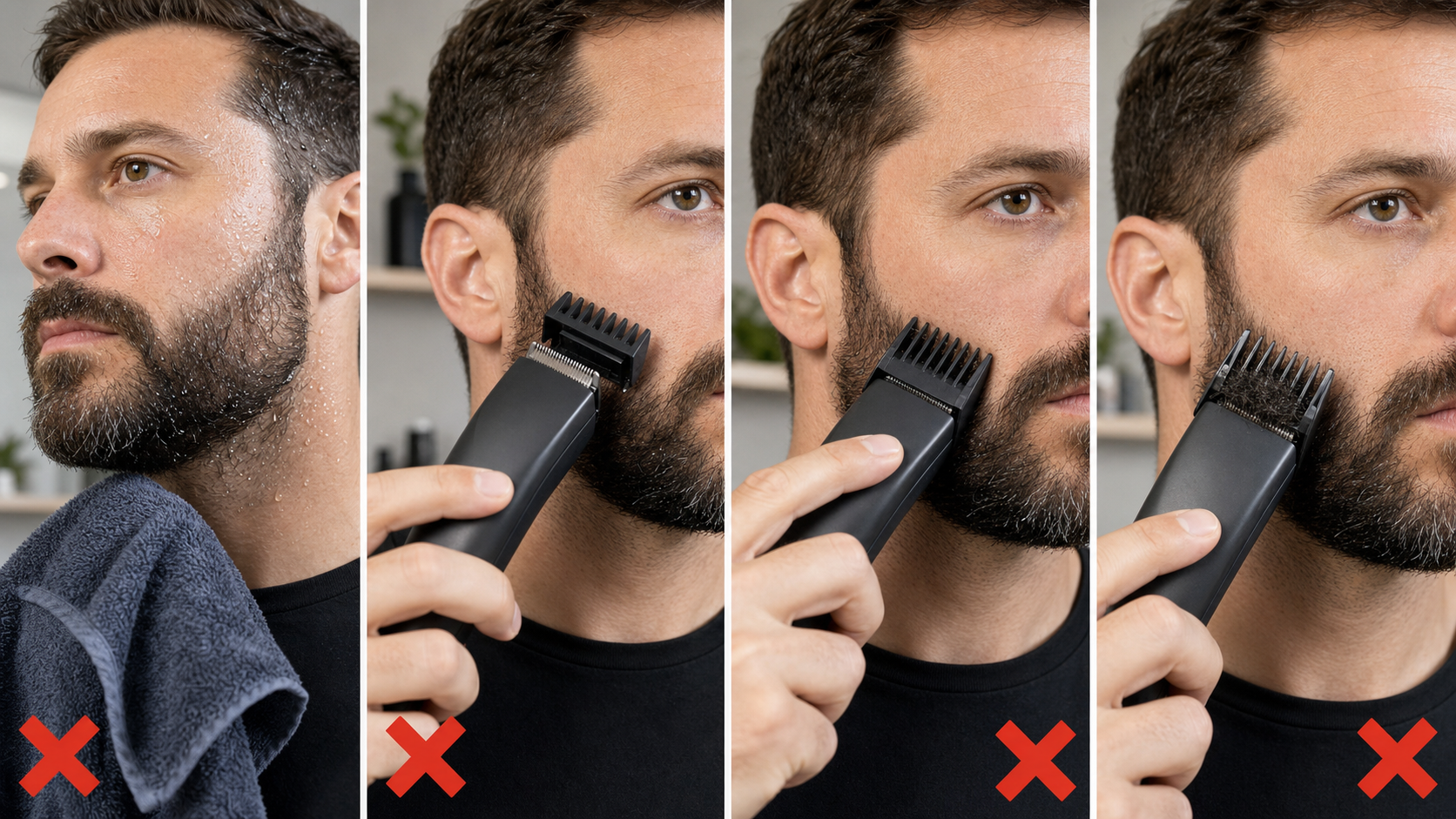 Four common short-beard trimming mistakes: wet hair, a loose guard, hard pressure, and clipped hair packed inside the comb