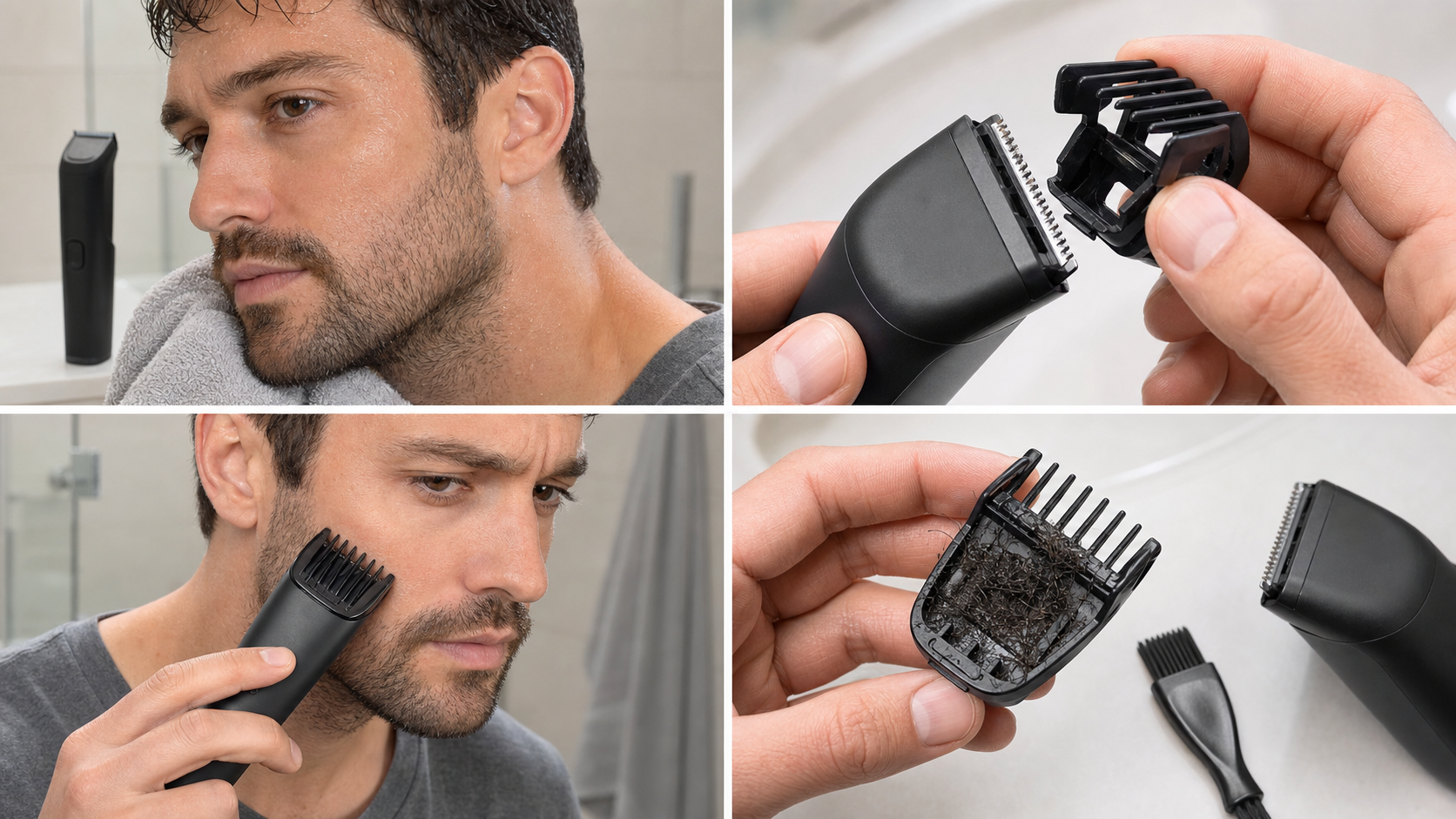 Four common stubble trimming mistakes: damp hair, a loose guard, hard pressure, and clipped hair packed inside the comb
