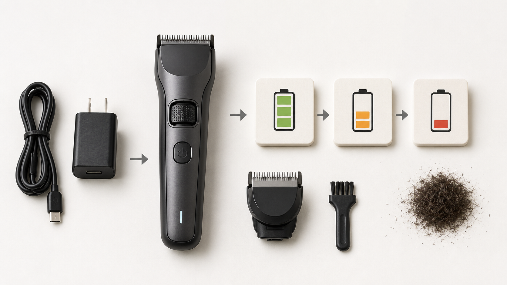 Unbranded beard trimmer with charger, battery-level sequence, removable blade head, cleaning brush, and clipped hair