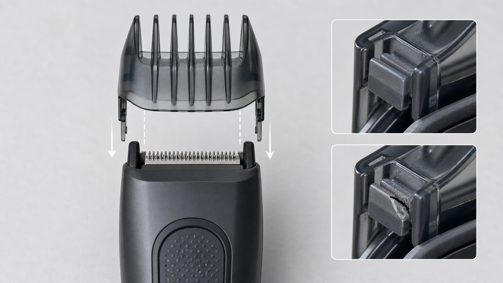 Generic beard trimmer guard aligned above the blade with close views of an intact latch and a cracked latch