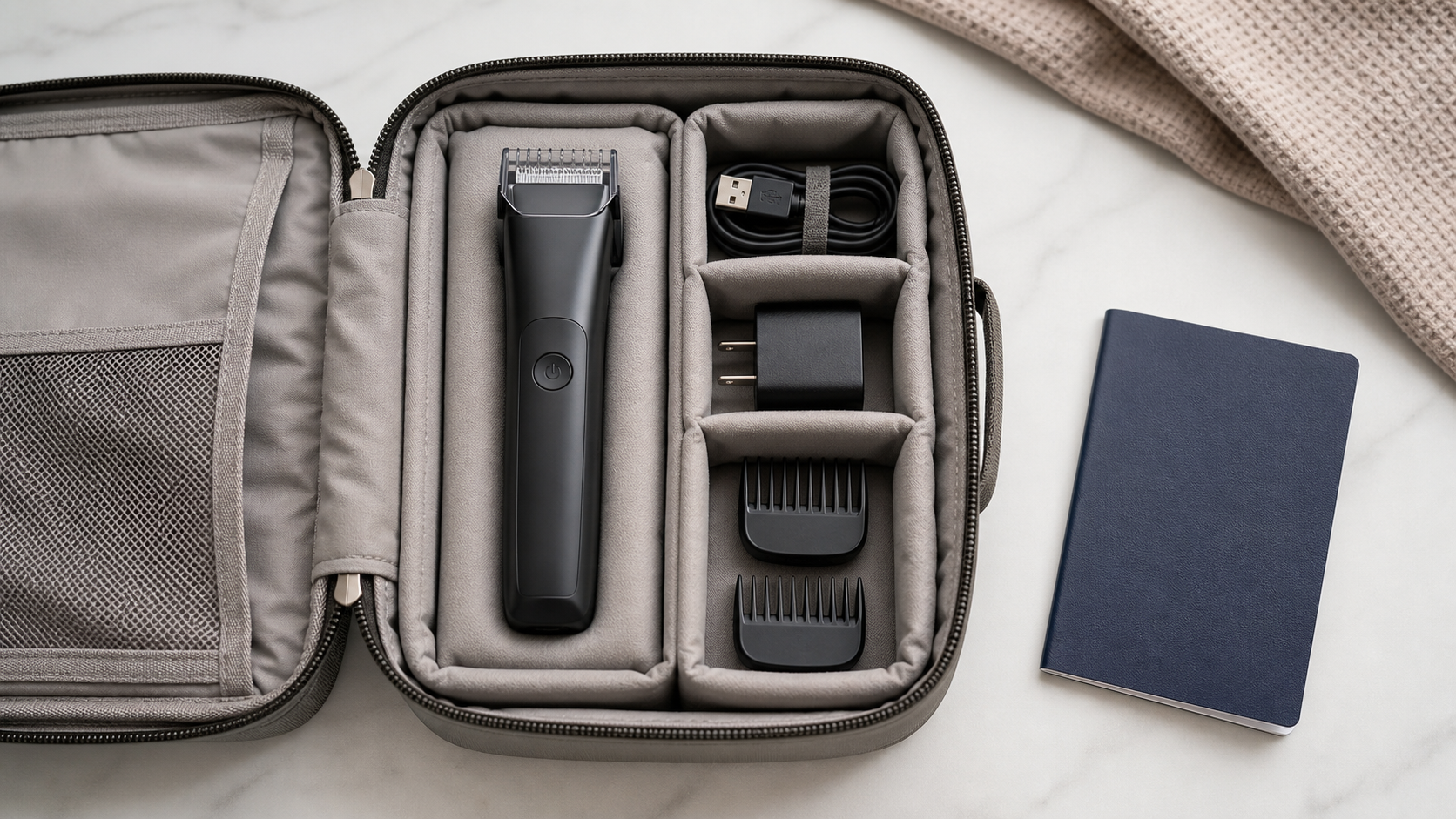 Unbranded rechargeable beard trimmer switched off in a padded travel organizer with protected guards, cable, and adapter