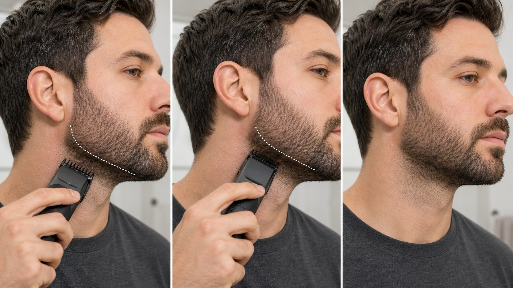 Three-stage short beard blending sequence showing a base length, a narrow jaw-corner transition, and a smooth finished contour