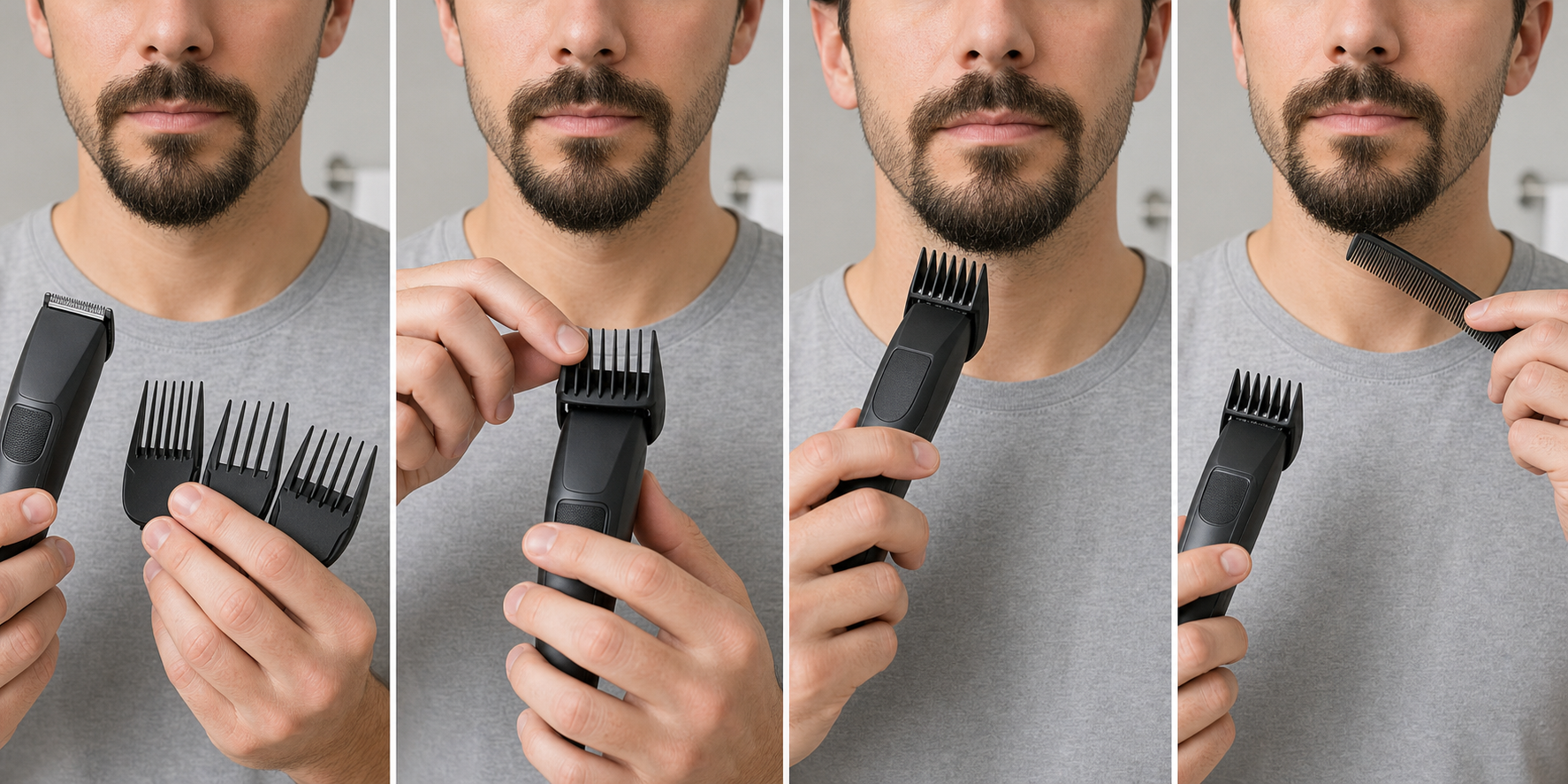 Four-stage goatee guard selection showing compatible comb comparison, powered-off seating, an outer-chin path rehearsal, and switched-off recombing before reassessment