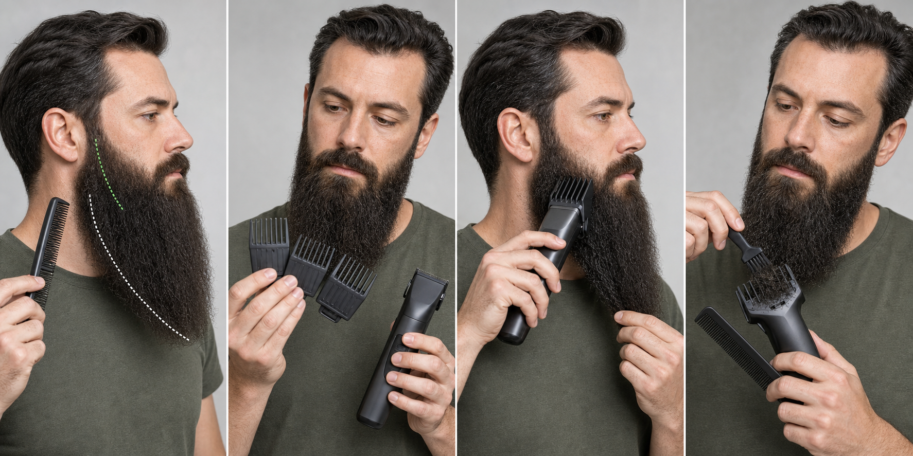 Four-stage long-beard guard choice showing protected layer mapping, off-face guard inspection, one outer-section test with the longest guard, and switched-off clipping clearance before reassessment