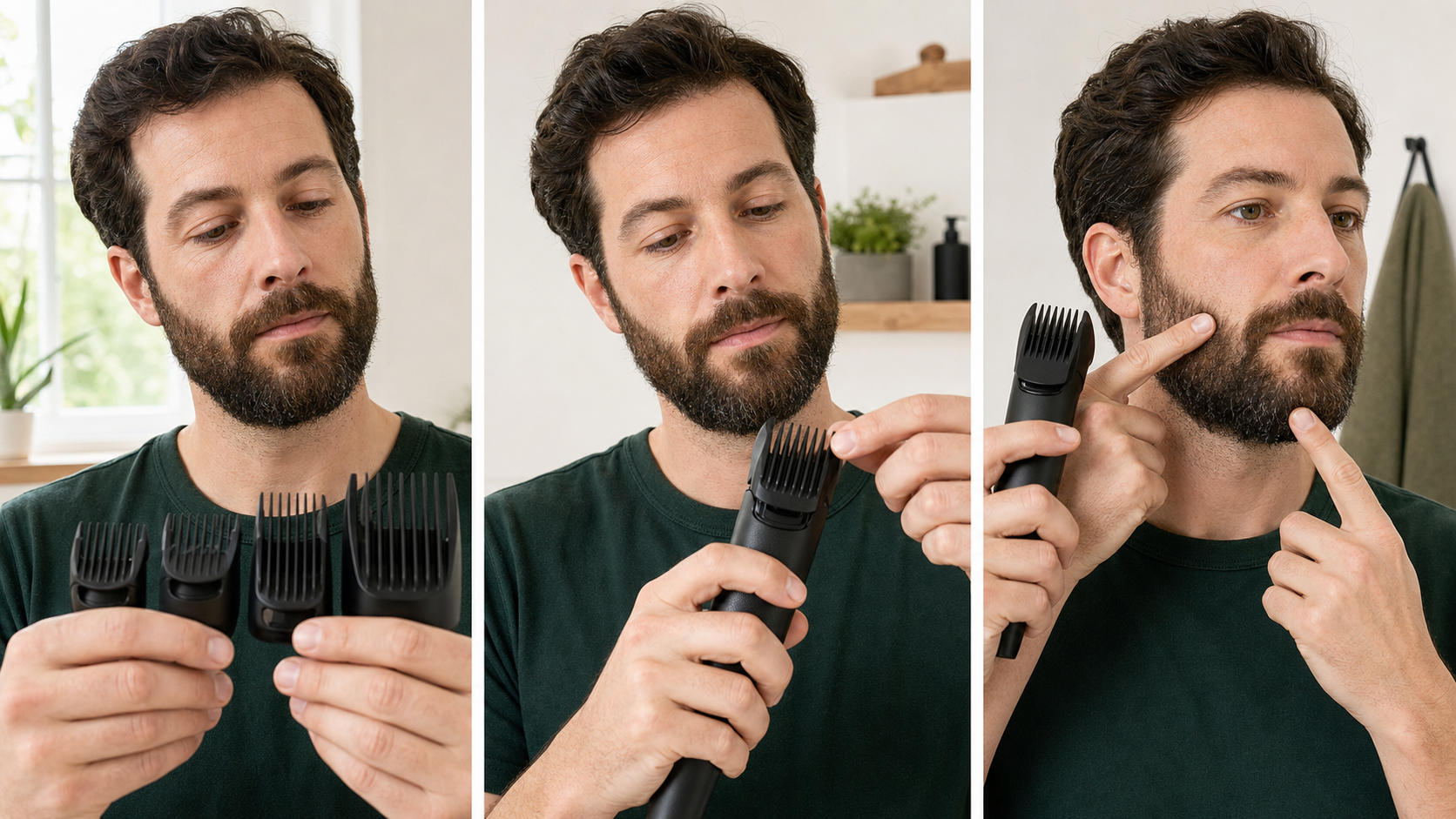 Three-stage medium-beard guard selection showing comparison of compatible guards, attachment of the longest first option to a switched-off trimmer, and mapping separate cheek, jaw, and chin zones