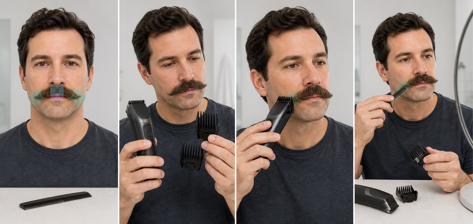 Four-stage mustache guard decision showing protected facial zones, verified guard options, one outer-section test, and switched-off clearing and recombing before reassessment