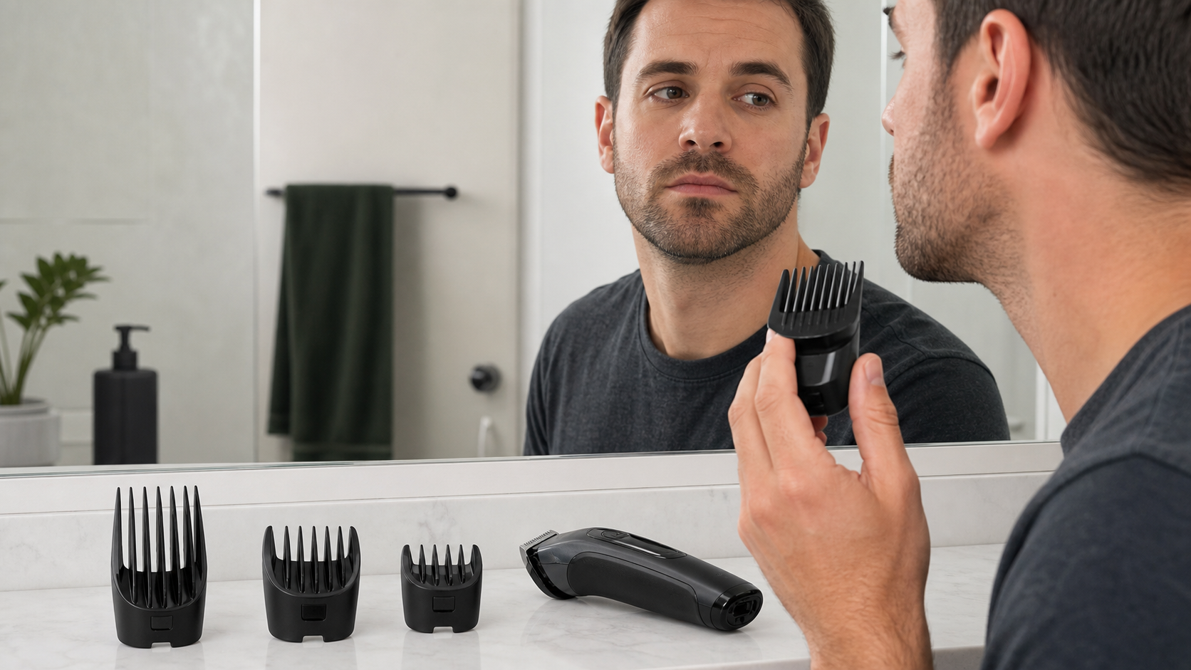 Man comparing three unbranded beard trimmer guards with different comb depths before choosing a longer starting setting for stubble