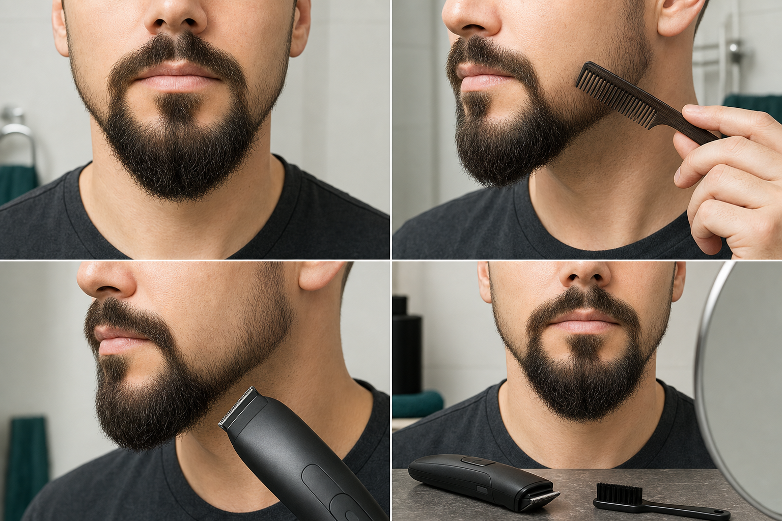 Four-stage goatee edge-cleanup workflow showing a dry released baseline, gentle combing, a switched-off trimmer rehearsed away from the boundary, and switched-off cleaning with mirror review