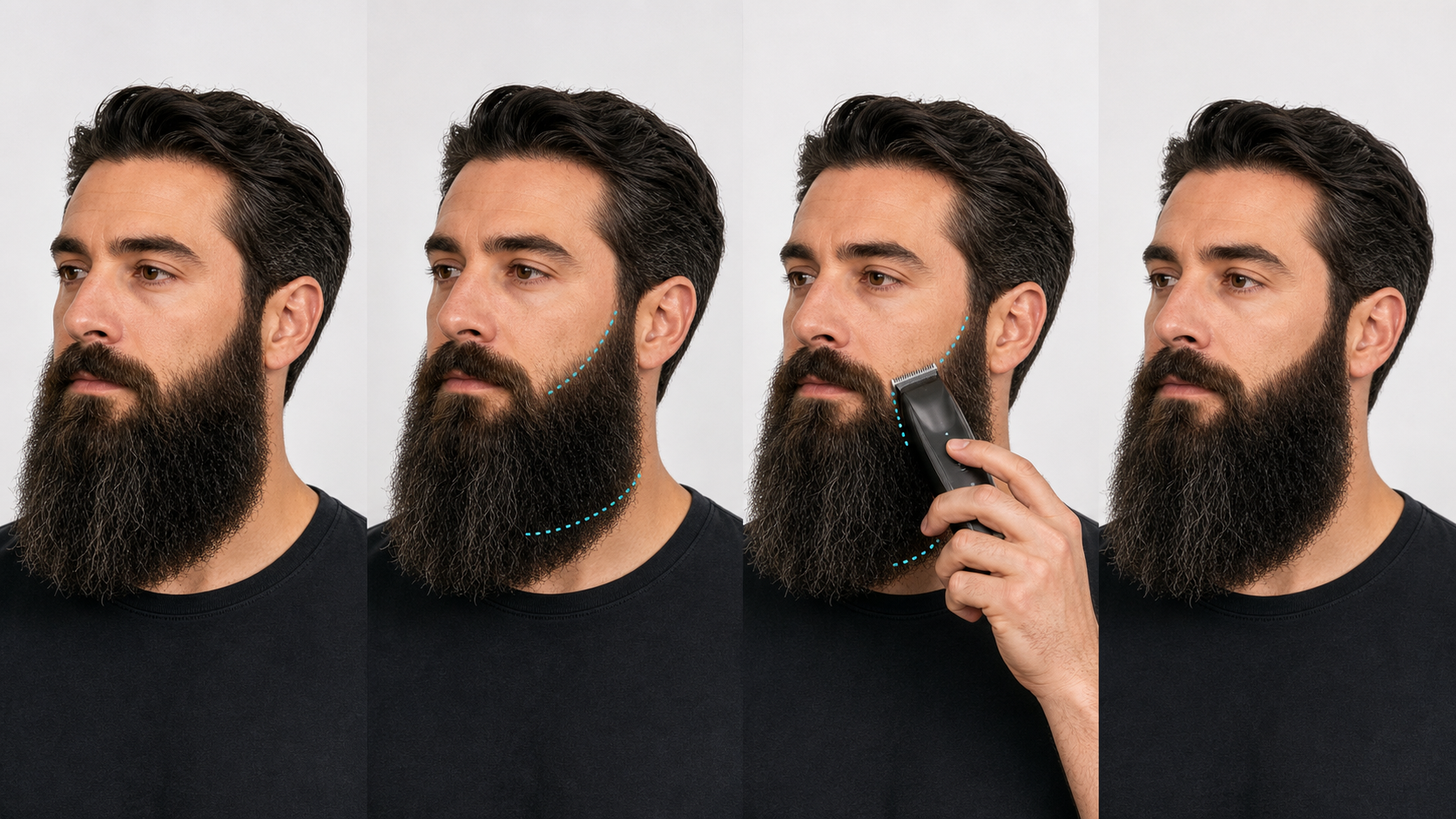 Four-stage long-beard edge cleanup showing a fully released baseline, existing cheek and low neckline mapping, one short detail-trimmer pass outside the boundary, and switched-off released-beard reassessment