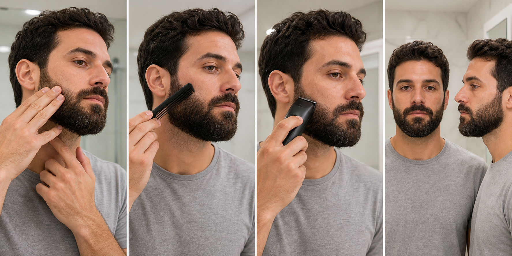 Four-stage medium-beard edge cleanup showing the existing cheek and neckline mapped with the trimmer off, bulk combed away, one short visible edge pass, and a front-and-side step-back comparison