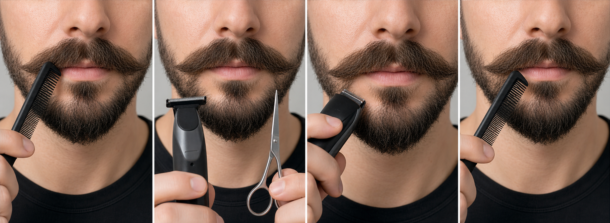 Four-stage mustache edge-cleanup workflow showing natural combing, powered-off tool choice, one isolated lower-edge correction, and switched-off recombing before reassessment