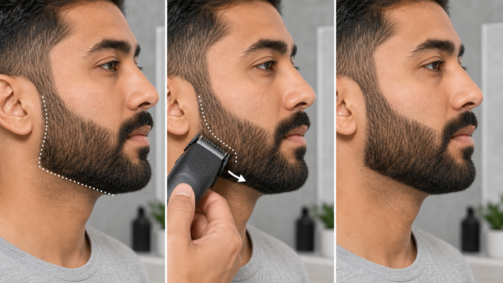 Three-stage short-beard edge cleanup showing the existing cheek and neckline, an unbranded trimmer working outside the boundary, and the preserved finished edge