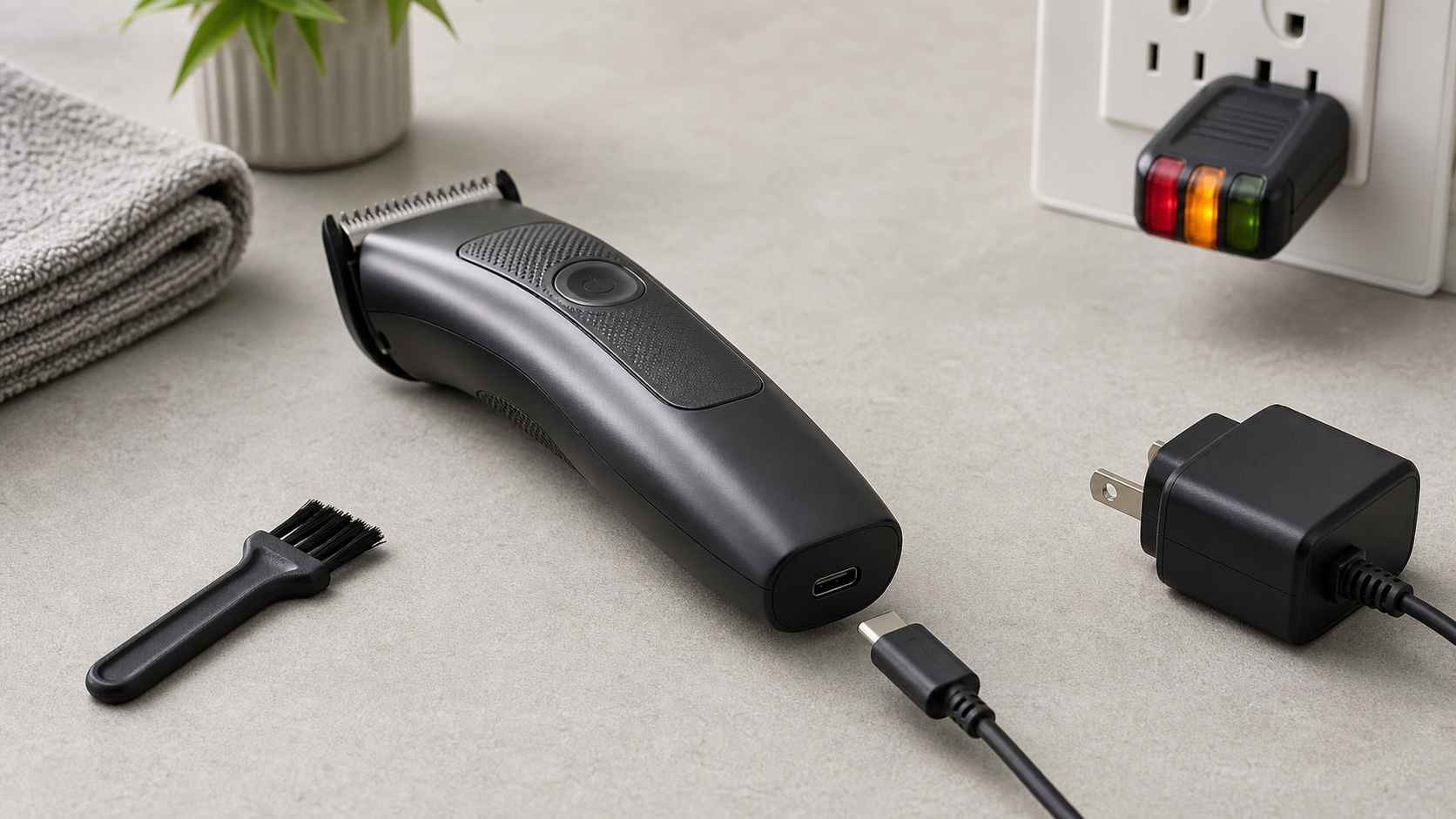 Unbranded beard trimmer with dry charging port, cable, adapter, outlet tester, and cleaning brush
