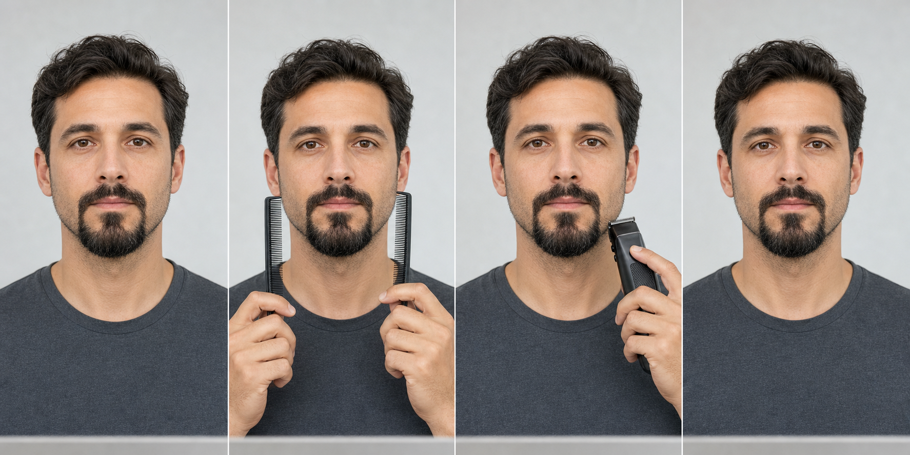 Four-stage goatee balance workflow showing a dry baseline, matched chin-panel comparison, a powered-off one-sided rehearsal, and a released final comparison