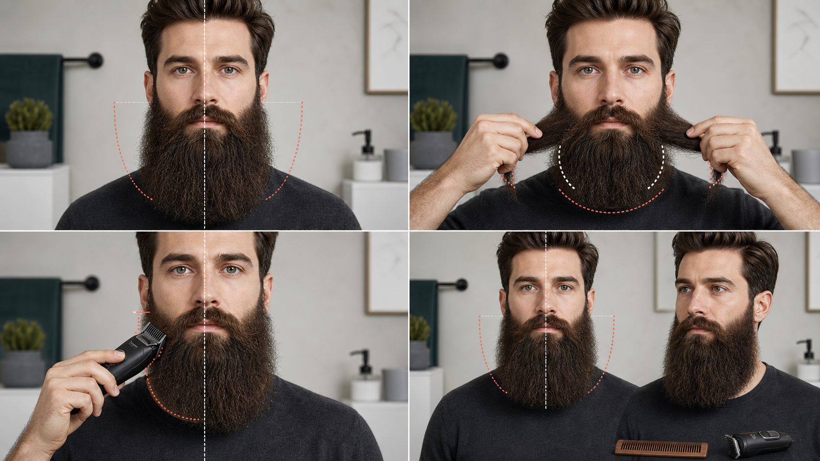 Four-stage long-beard symmetry workflow showing released side comparison, outer and supporting layer separation, one small one-sided guarded correction, and switched-off front and three-quarter reassessment