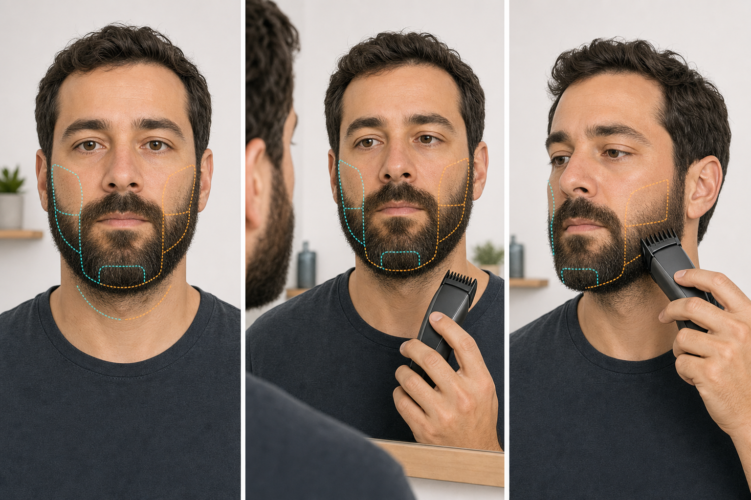 Three-stage medium-beard balancing workflow showing matched cheek, jaw, and chin zones, a mirror comparison, and one small guarded correction on the fuller side