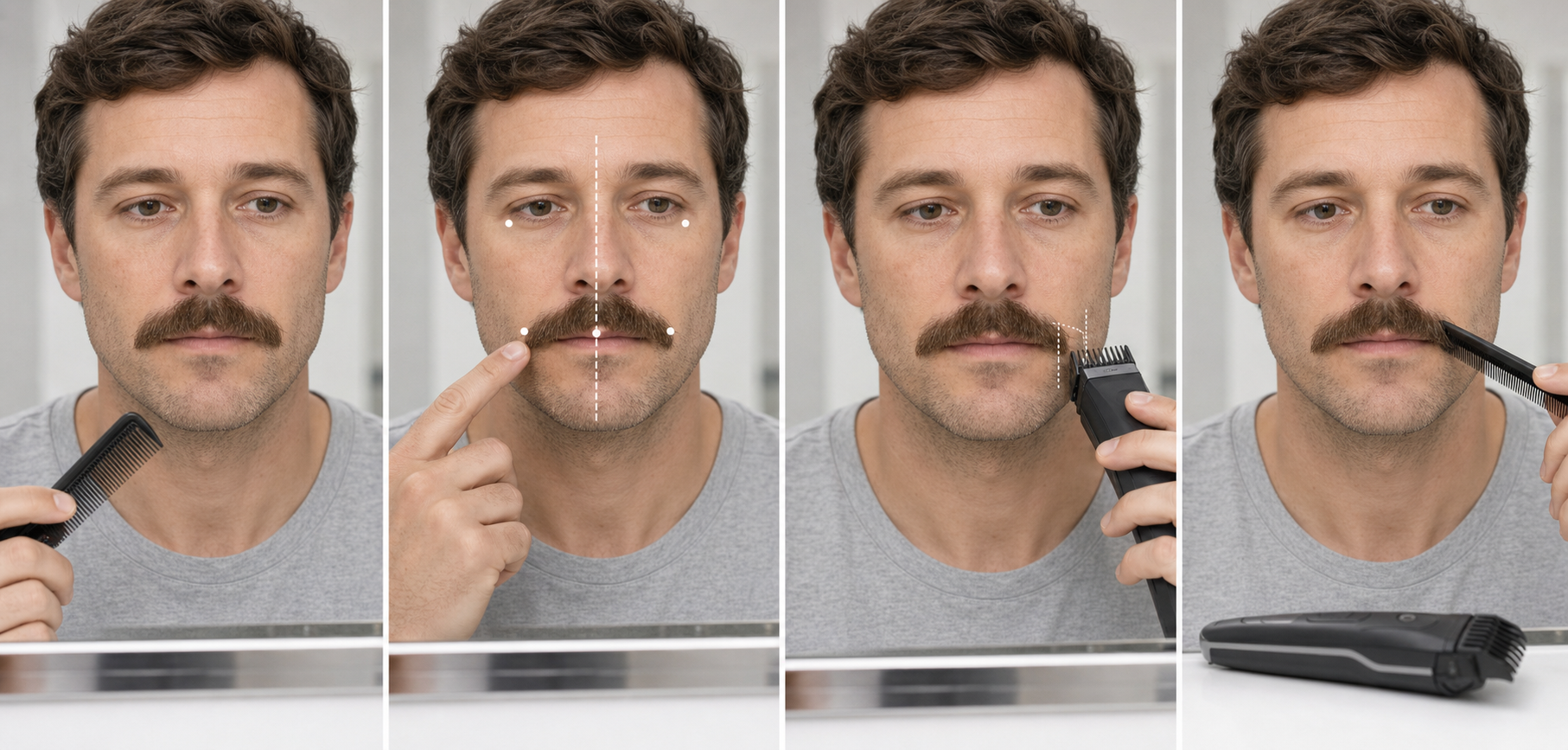 Four-stage mustache balance workflow showing released observation, matched landmark comparison, one small guarded outer-section correction, and switched-off recombing before reassessment