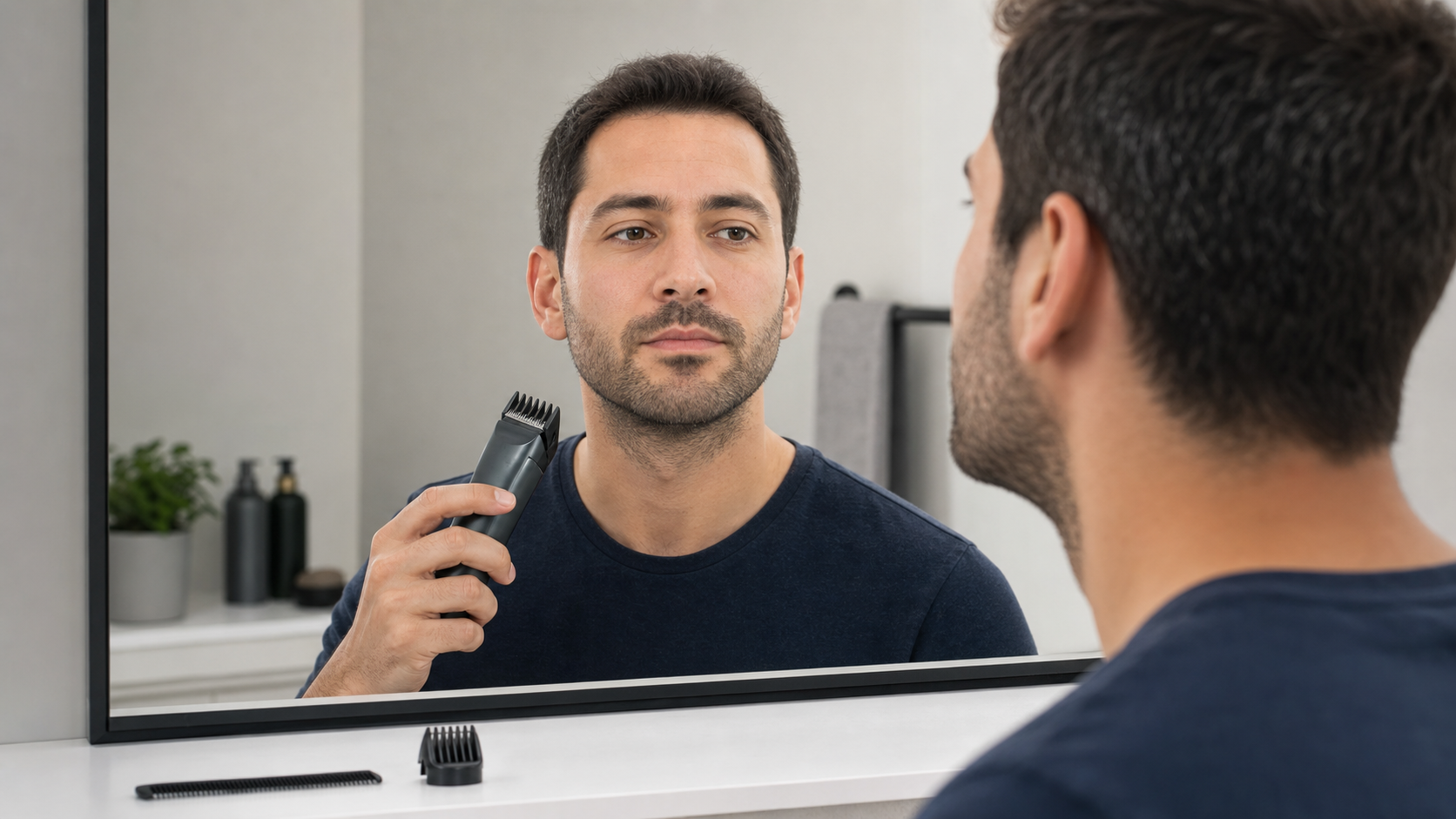 Man comparing short stubble on both cheeks in even mirror lighting while holding an unbranded guarded trimmer away from the skin