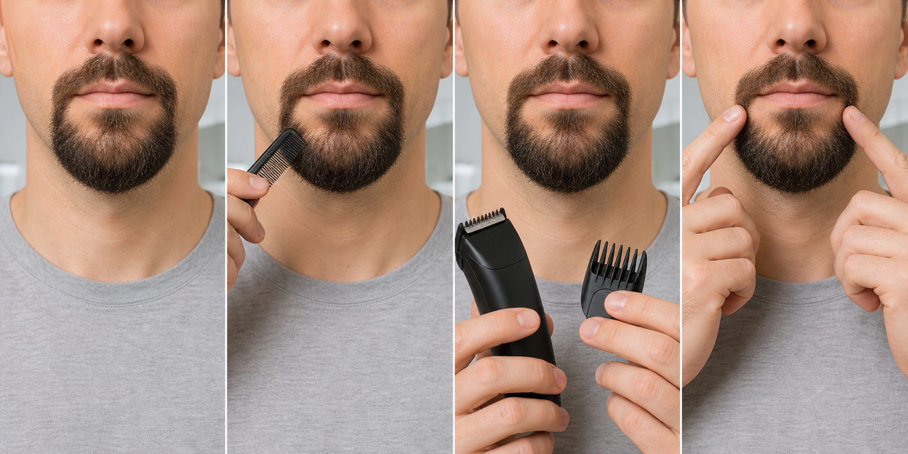 Four-stage goatee preparation showing a dry released baseline, gentle natural-direction combing, powered-off trimmer and guard inspection, and visual boundary mapping before any cutting