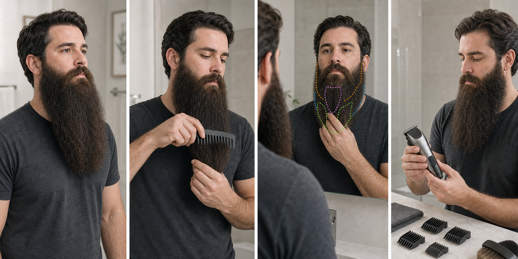 Four-stage long-beard preparation showing the natural dry baseline, end-first detangling, outer and underlayer shape mapping, and off-face trimmer and guard inspection