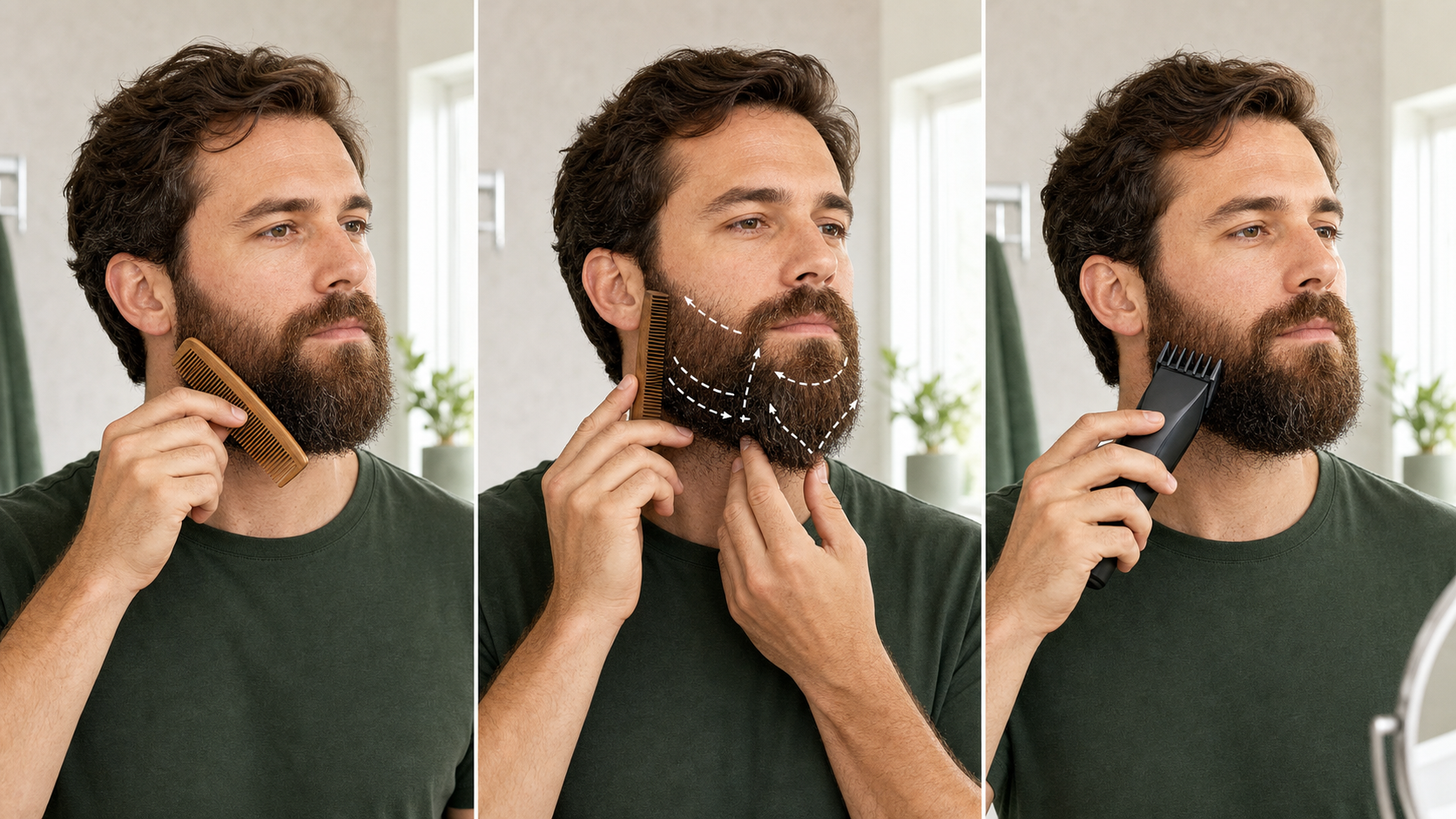 Three-stage medium-beard preparation sequence showing gentle detangling, growth-direction mapping, and inspection with a longer guarded trimmer before the first pass