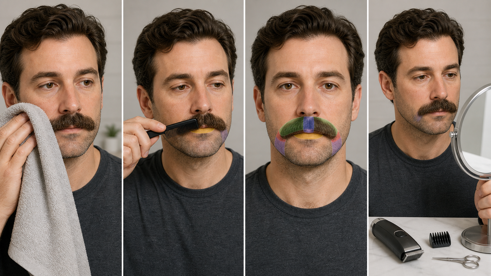Four-stage no-cut mustache preparation showing gentle drying, natural combing, center and lip-boundary mapping, and switched-off tool inspection with an untouched mirror baseline