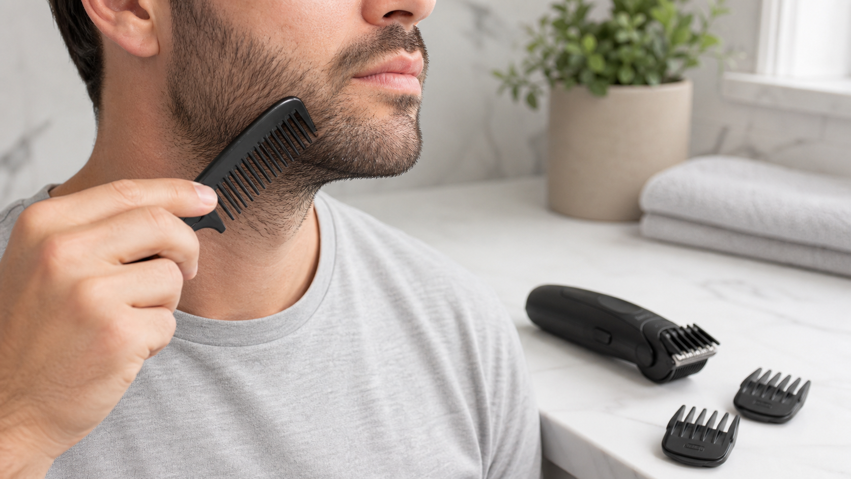 Man combing dry short stubble before choosing a guard for an unbranded beard trimmer