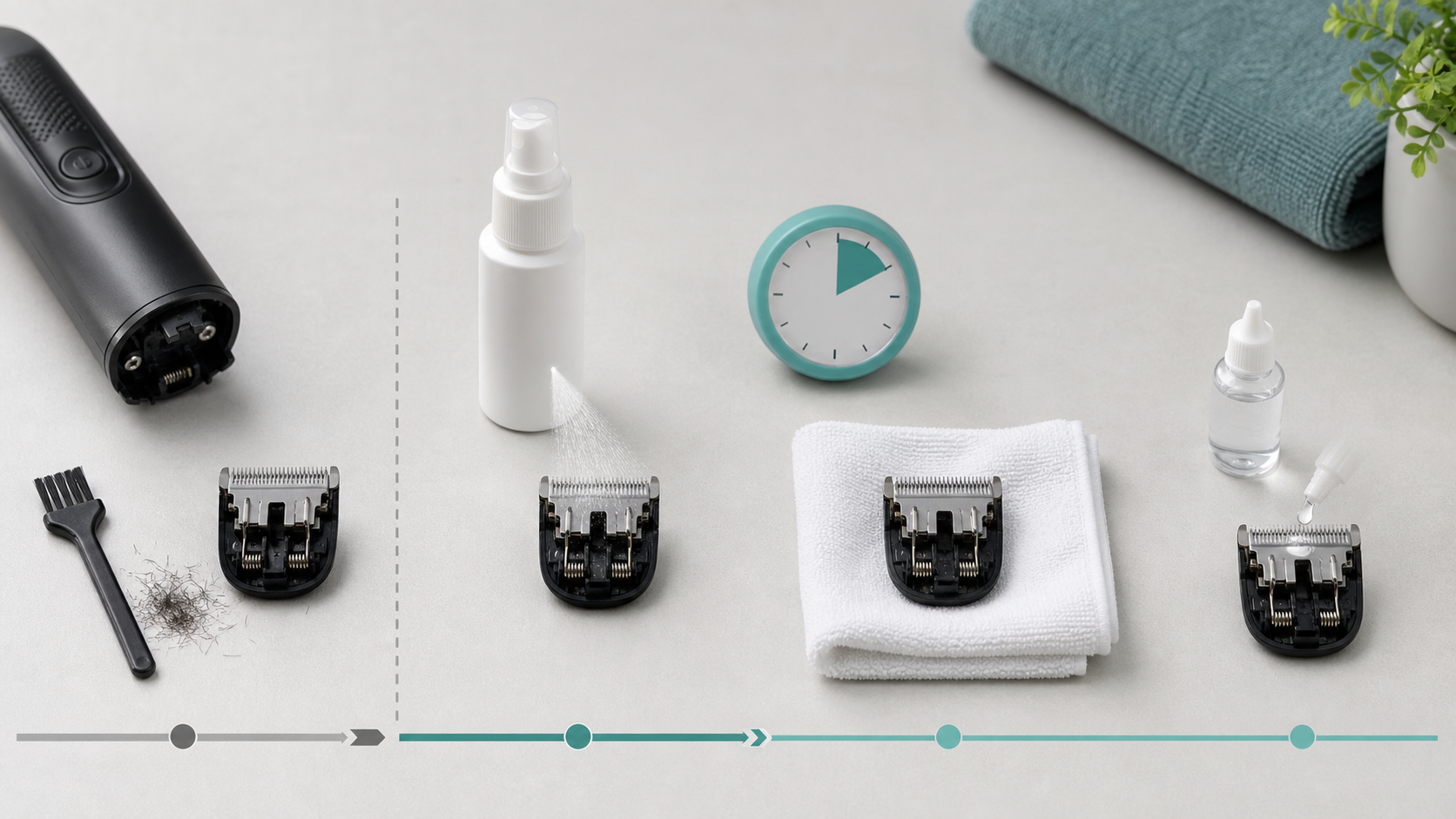 Unbranded trimmer blade cleaning sequence with brush, disinfectant spray, contact-time timer, clean cloth, and blade oil