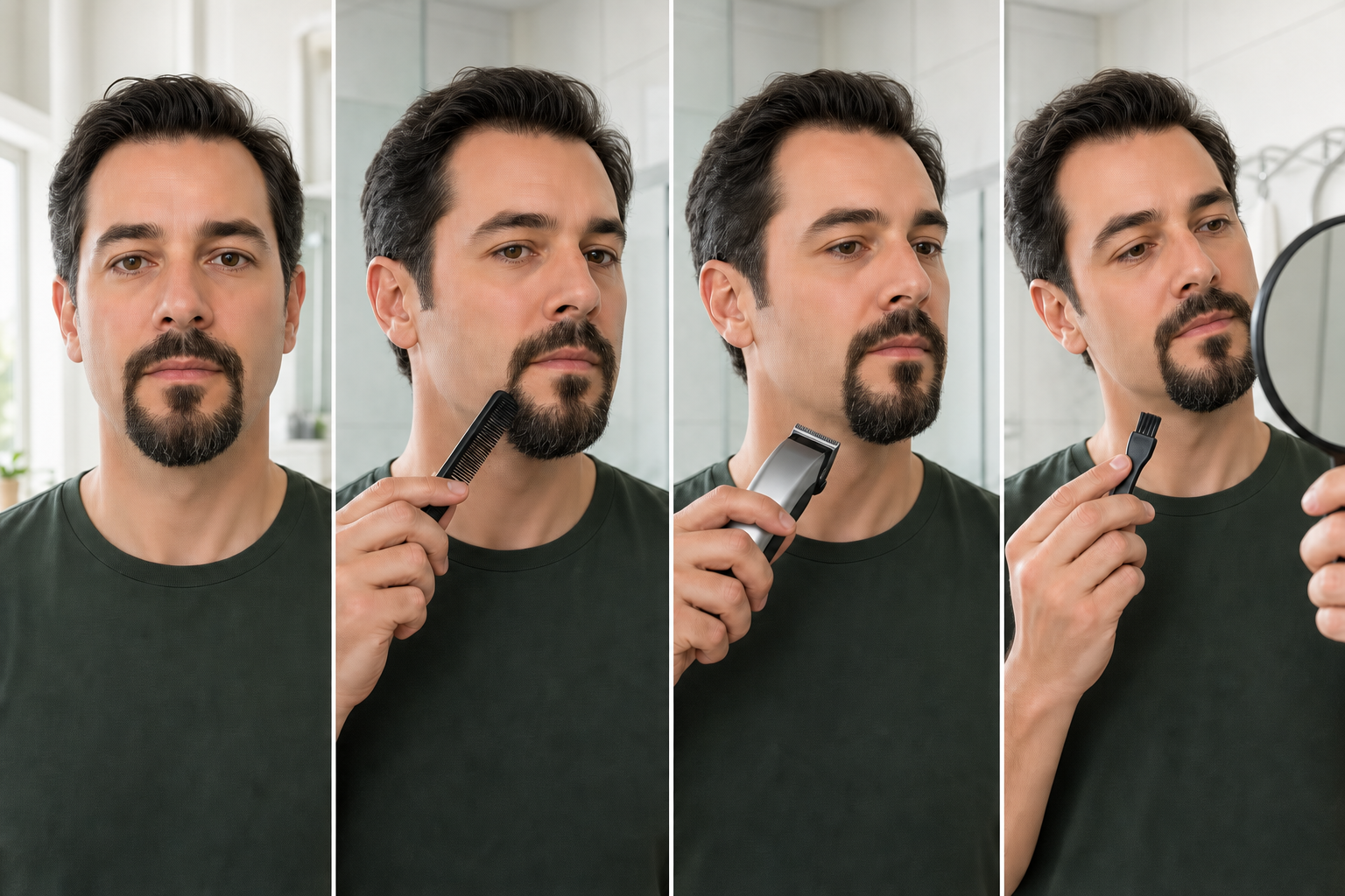 Four-stage goatee touch-up workflow showing a dry released baseline, gentle outer-panel combing, a powered-off bounded path rehearsal, and switched-off cleaning and mirror review