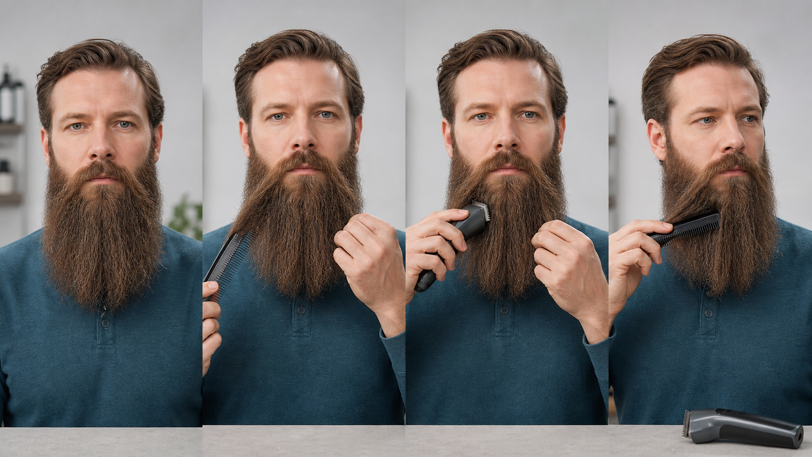 Four-stage long-beard touch-up workflow showing a dry released baseline, one isolated outer target, one short guarded correction, and switched-off recombing and three-quarter reassessment