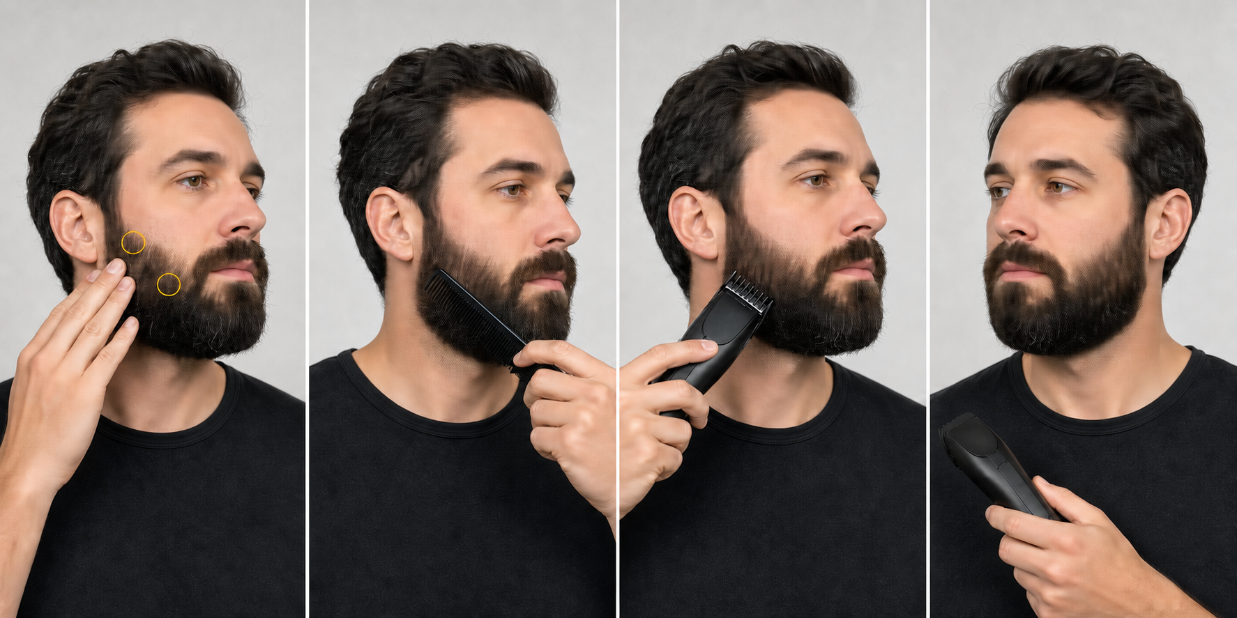 Four-stage medium-beard touch-up workflow showing two isolated flyaway zones, recombing into the natural lay, one light guarded pass on a small target, and a step-back comparison with the trimmer off