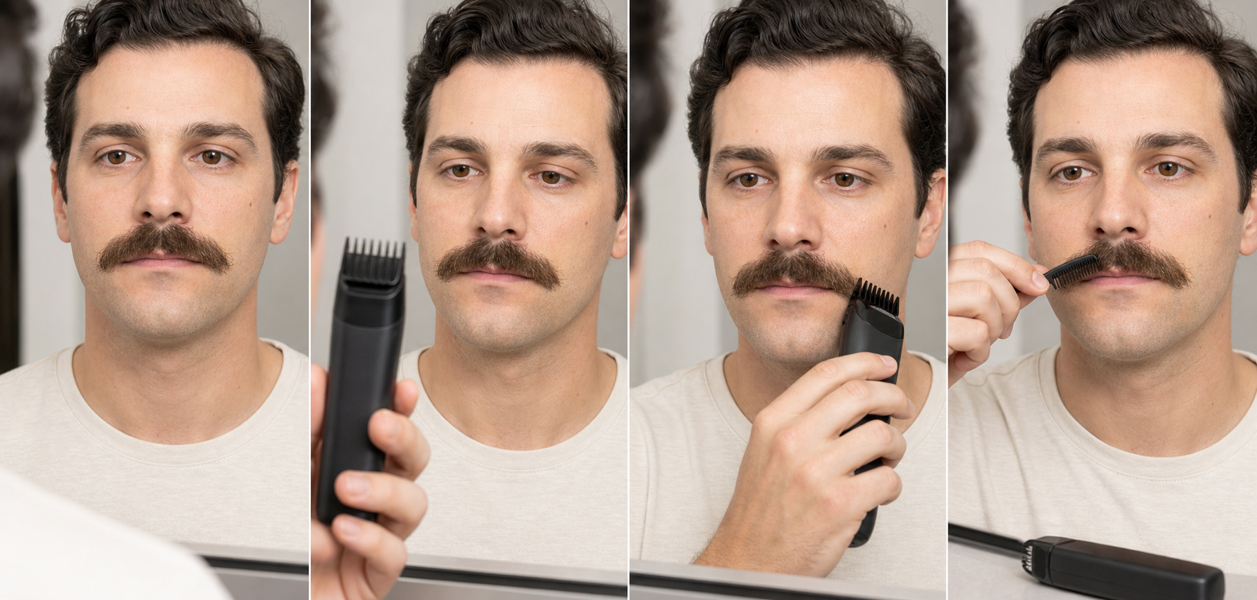 Four-stage mustache touch-up workflow showing a released baseline, off-face guard verification, one bounded outer-section correction, and switched-off recombing before reassessment