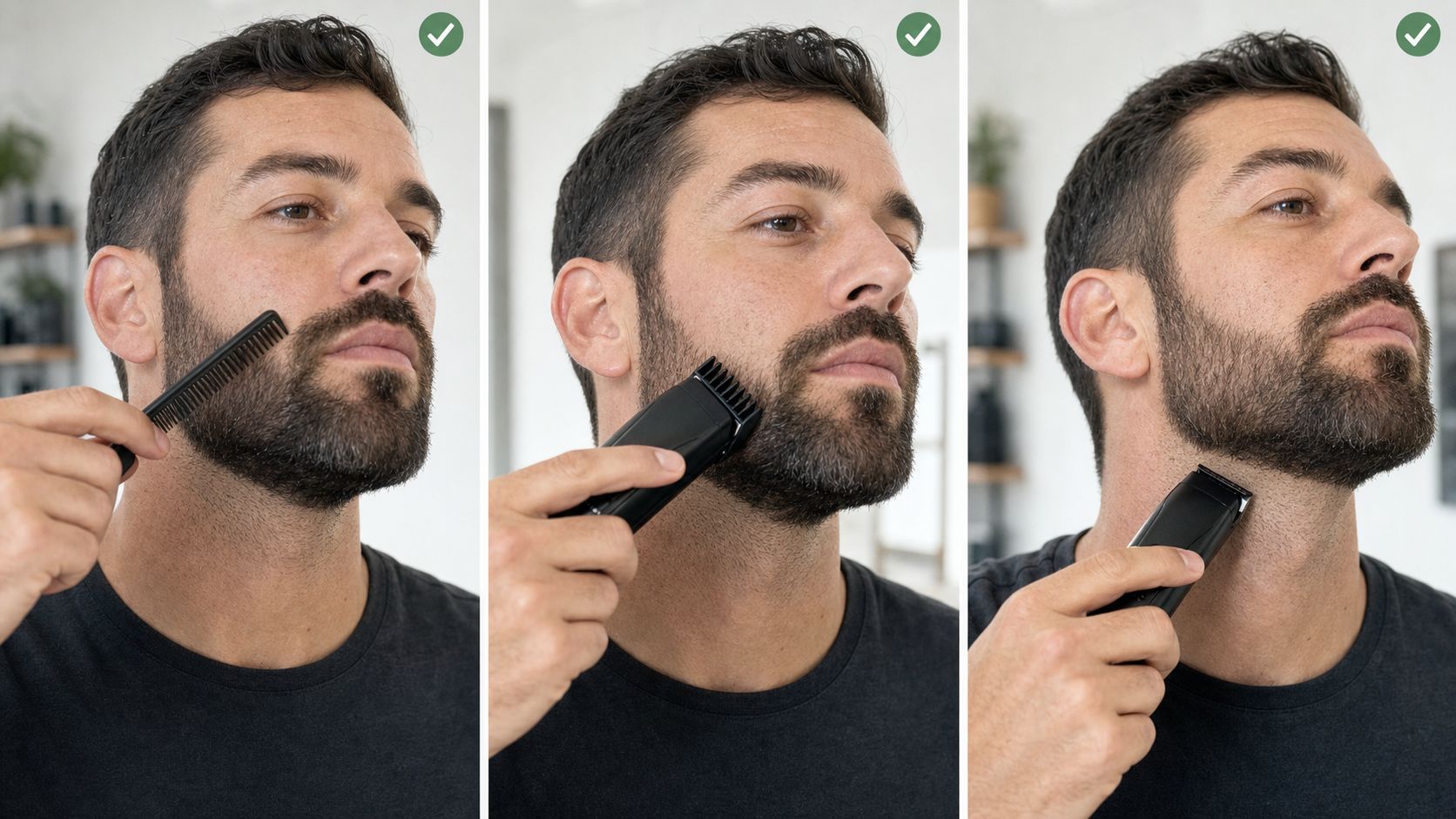 Three-stage short-beard touch-up sequence showing inspection, one guarded spot correction, and cleanup outside the existing neckline