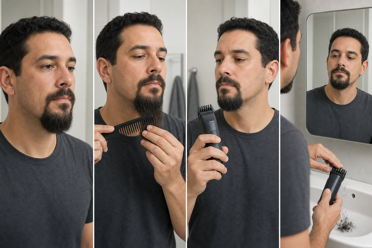 Four-stage coarse goatee workflow showing a dry released baseline, supported end-first combing, a switched-off guarded trimmer held away during path rehearsal, and switched-off guard clearing with mirror review