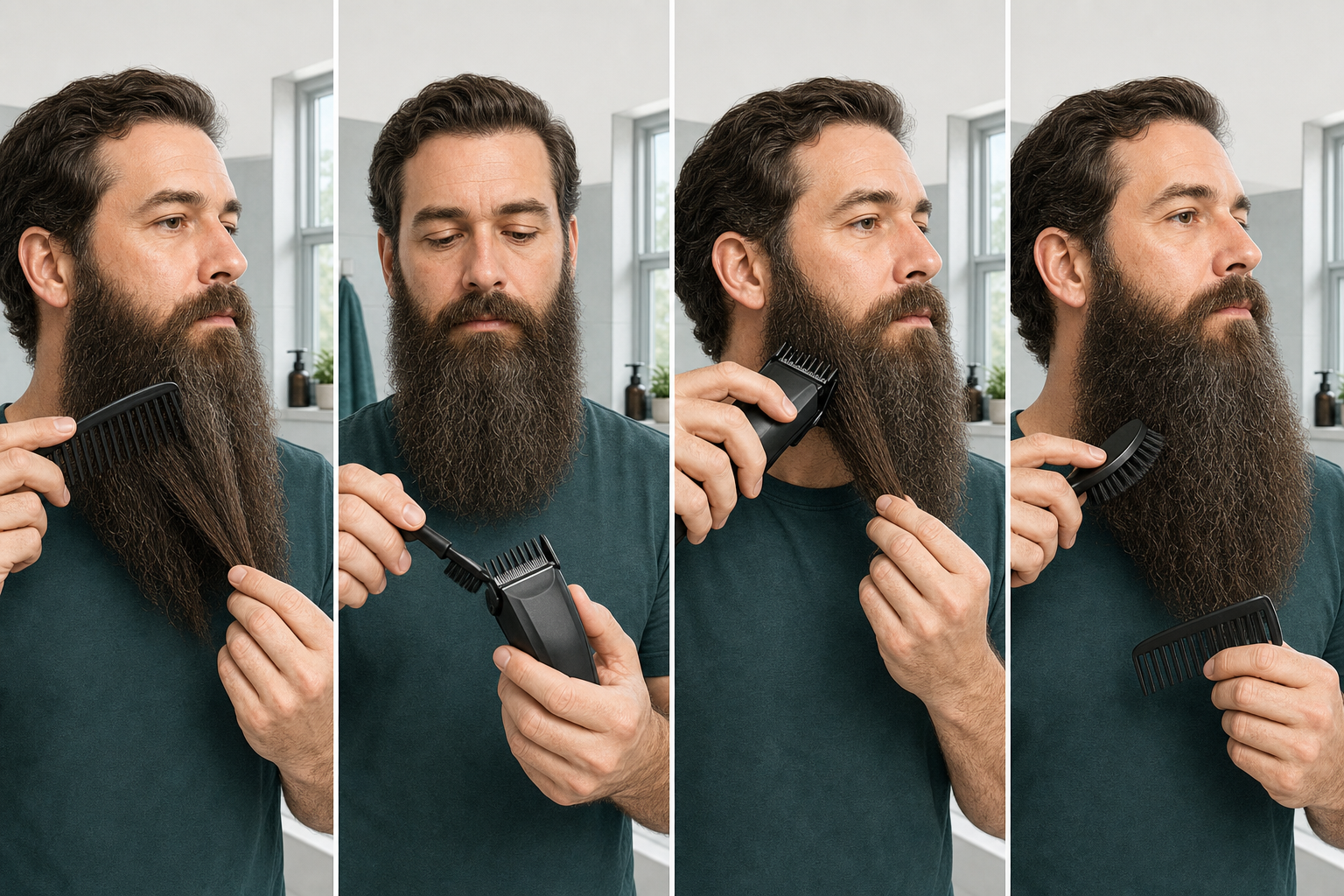 Four-stage coarse long-beard workflow showing end-first detangling, powered-off guard and cutter inspection, one small low-load guarded pass, and switched-off brushing and released-beard reassessment