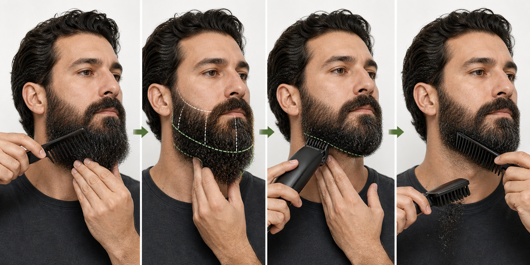 Four-stage coarse medium-beard workflow showing supported detangling, outer and underlayer zones, one short longer-guard pass, and clearing clippings with the trimmer off