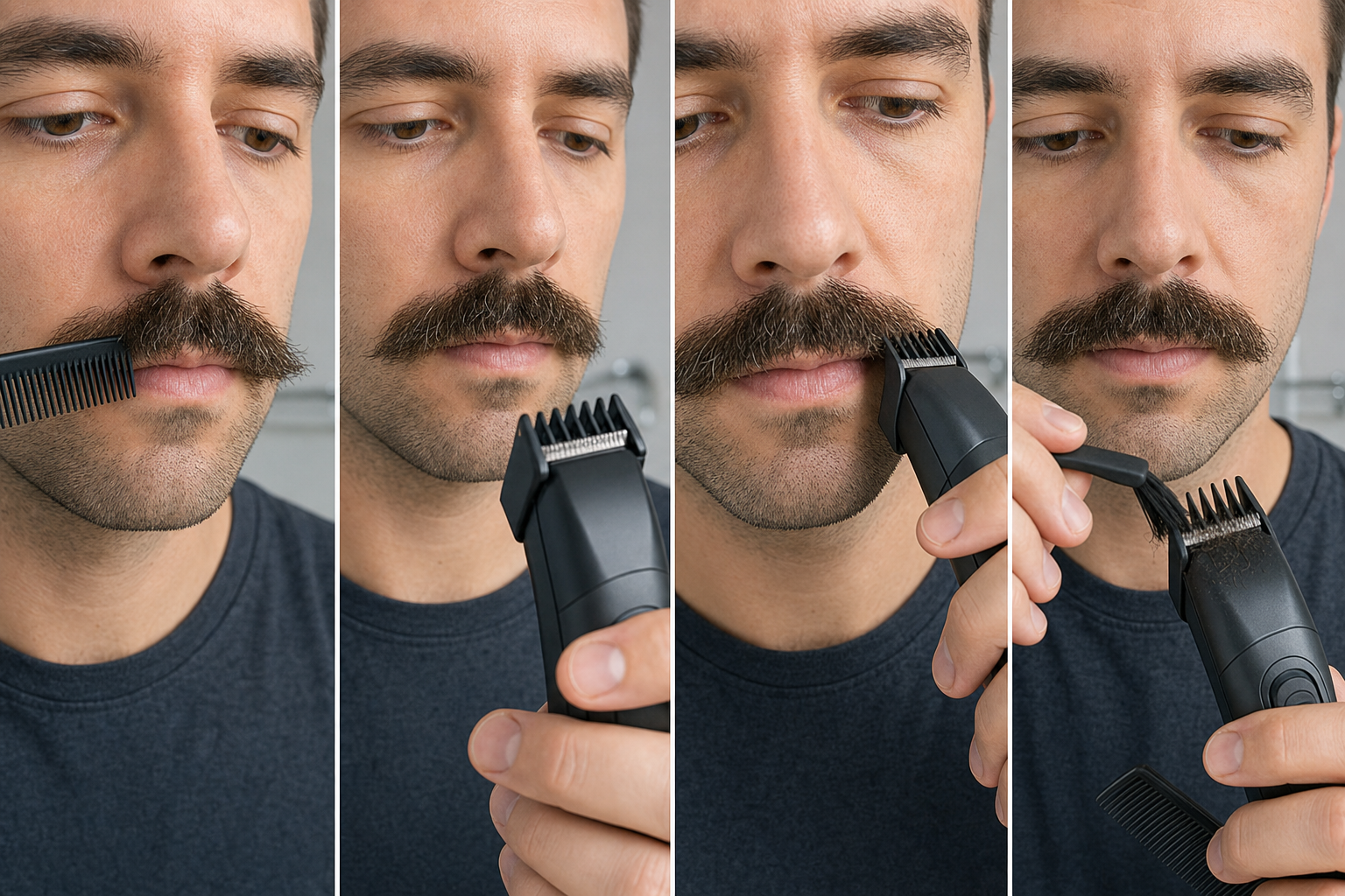 Four-stage coarse mustache workflow showing natural combing, powered-off guard inspection, one short guarded outer-section pass, and switched-off cutter clearing before reassessment