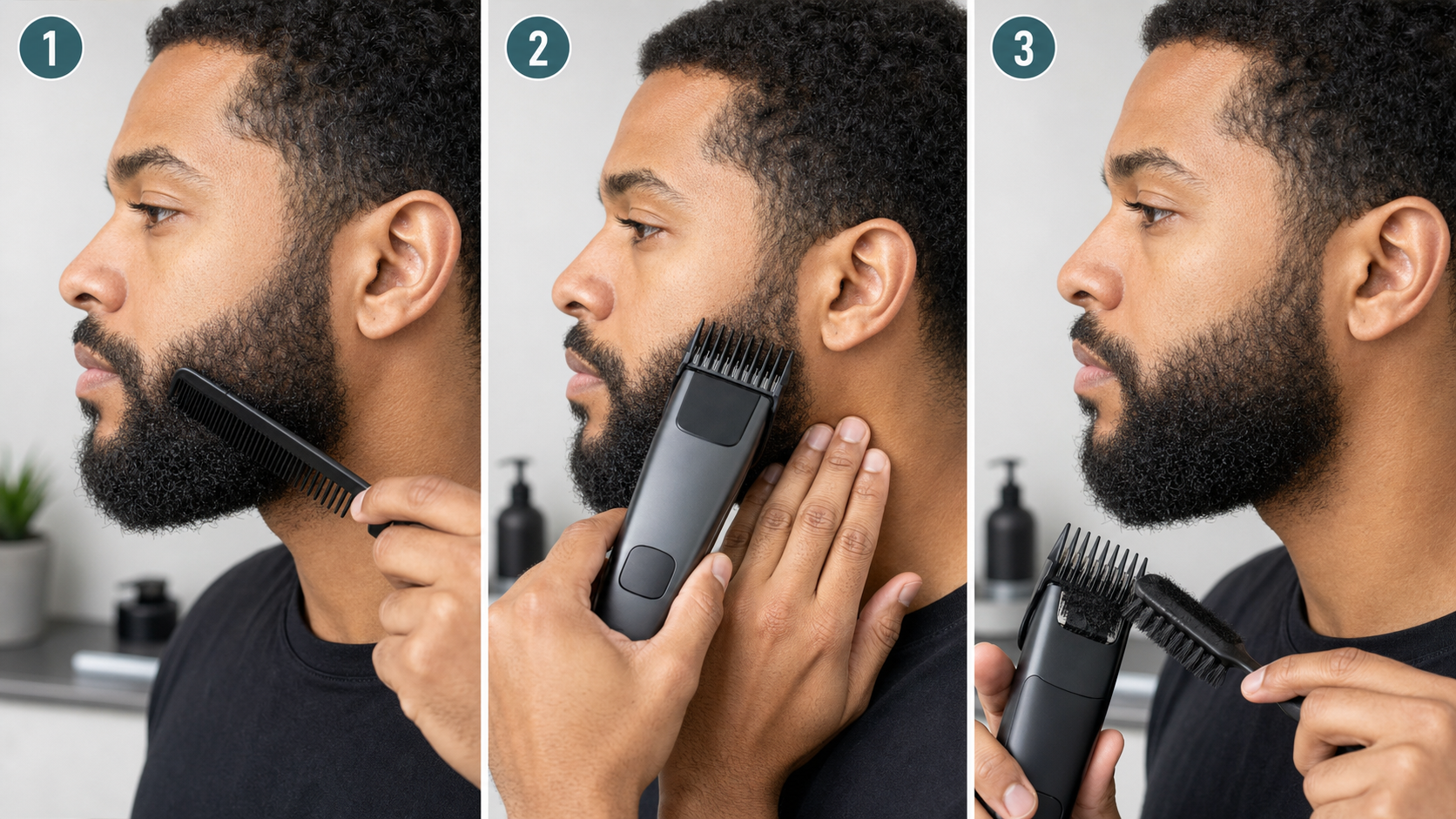 Three-stage coarse short-beard trimming sequence showing gentle combing, a light guarded pass, and brushing clipped hair from the switched-off trimmer