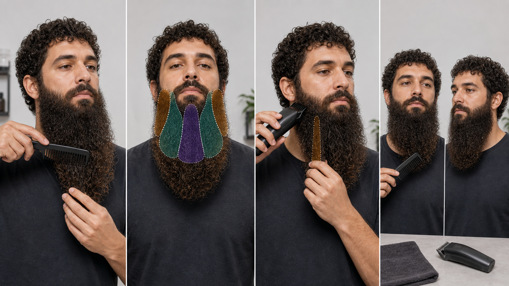 Four-stage curly long-beard workflow showing end-first detangling, curl-group and support-layer mapping, one small longer-guard test, and switched-off released-beard spring-back reassessment