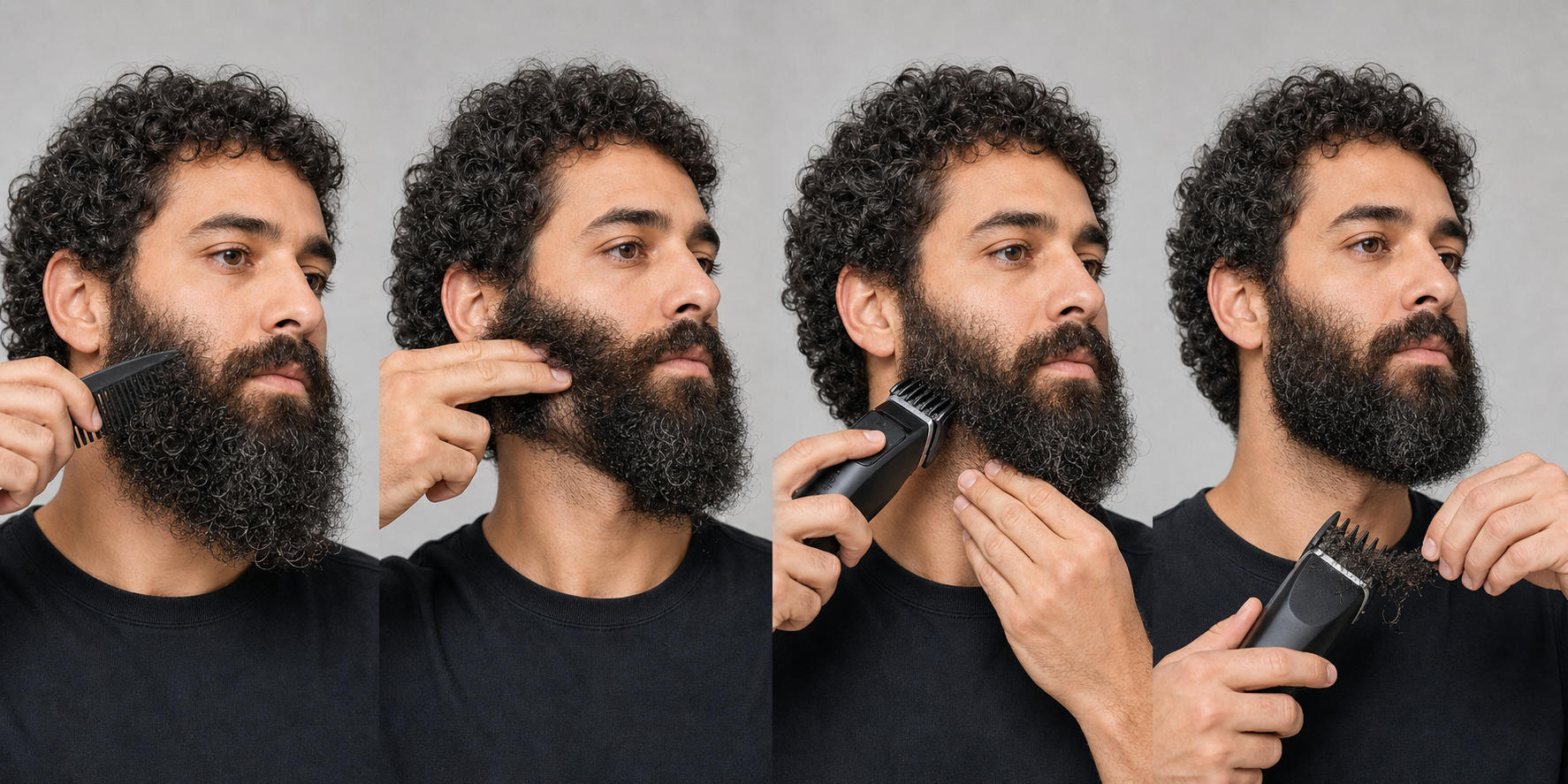 Four-stage curly medium-beard workflow showing gentle sectioning, outer and underlayer mapping, one short longer-guard pass, and clearing curled clippings with the trimmer off