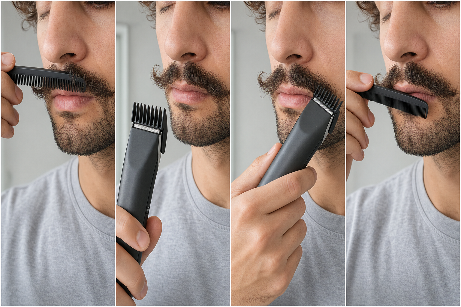 Four-stage curly mustache workflow showing natural combing and release, powered-off guard inspection, one short outer-curl pass, and switched-off recombing before spring-back reassessment