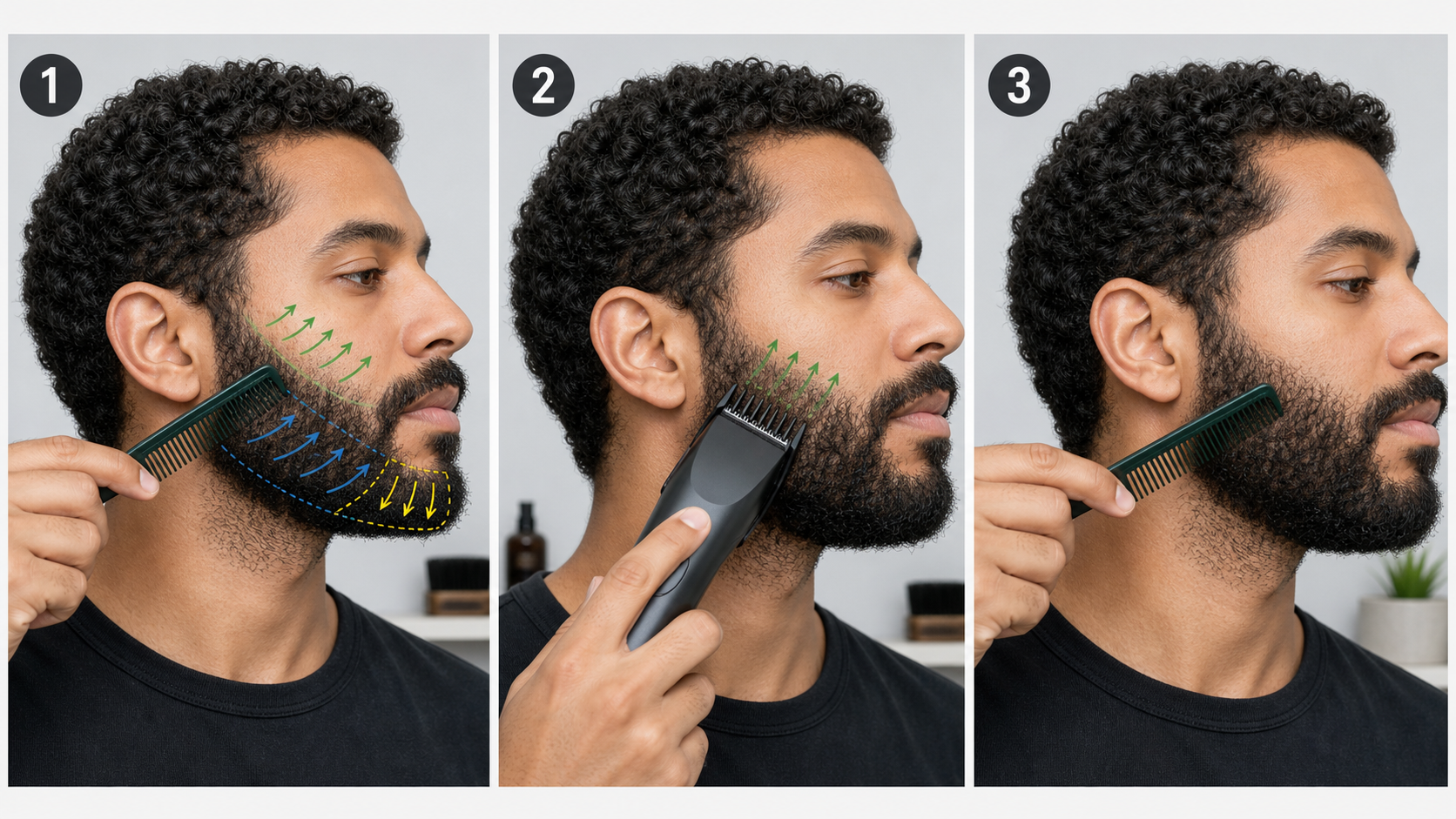 Three-stage curly short-beard trimming sequence showing curl-direction mapping, a light pass with a longer guard, and recombing to check natural spring-back