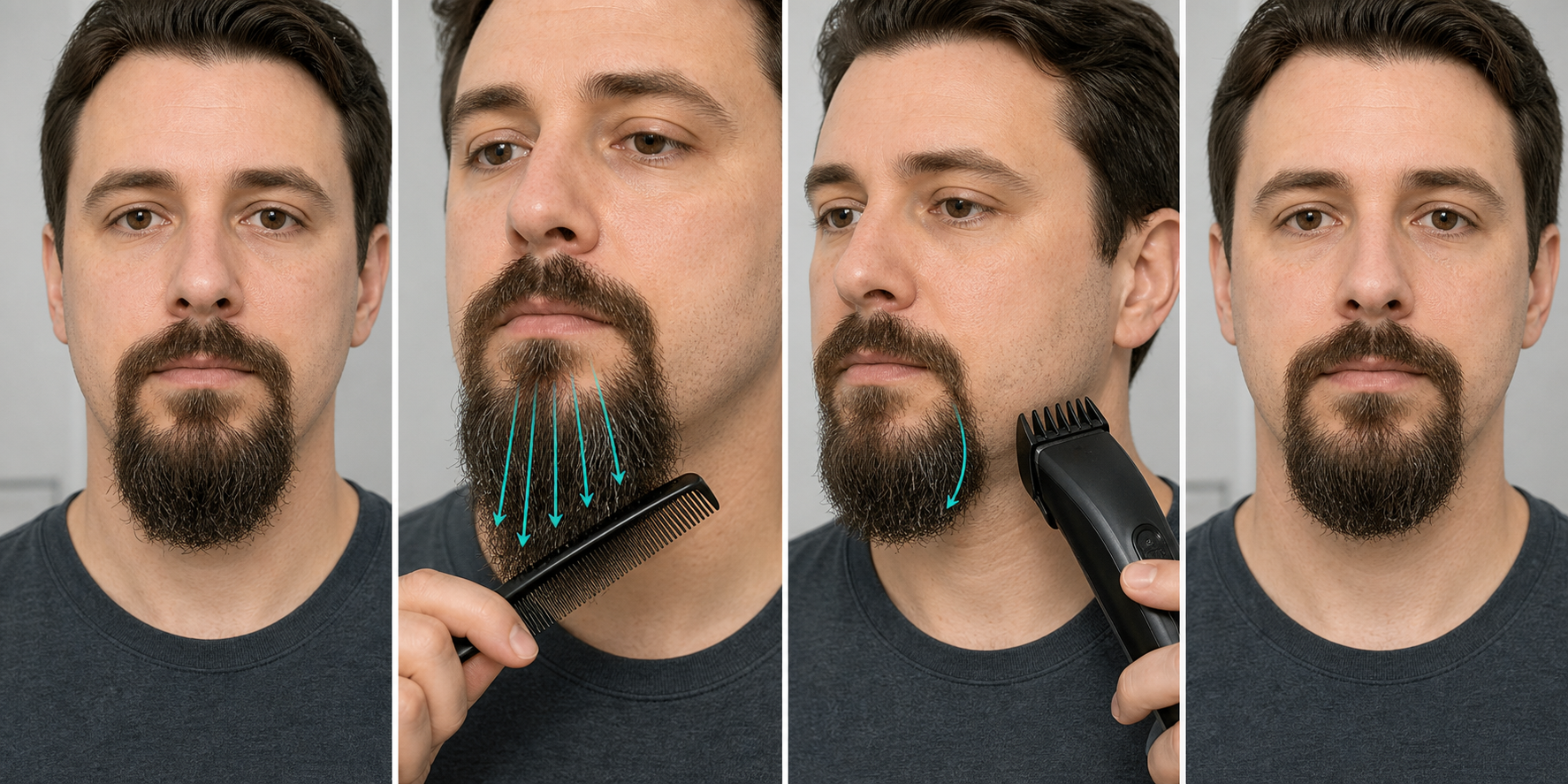 Four-stage goatee grain-direction workflow showing a dry baseline, natural-direction combing, a powered-off outer-chin path rehearsal, and released comparison