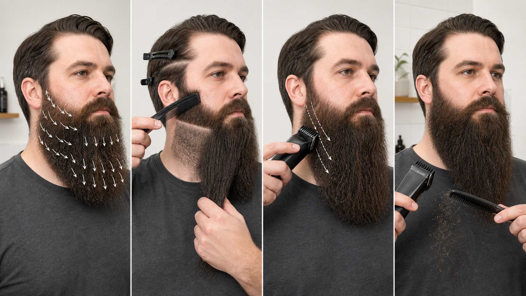 Four-stage long-beard with-the-grain workflow showing local direction mapping, outer and underlayer separation, one short guarded pass, and switched-off clipping clearance before reassessment
