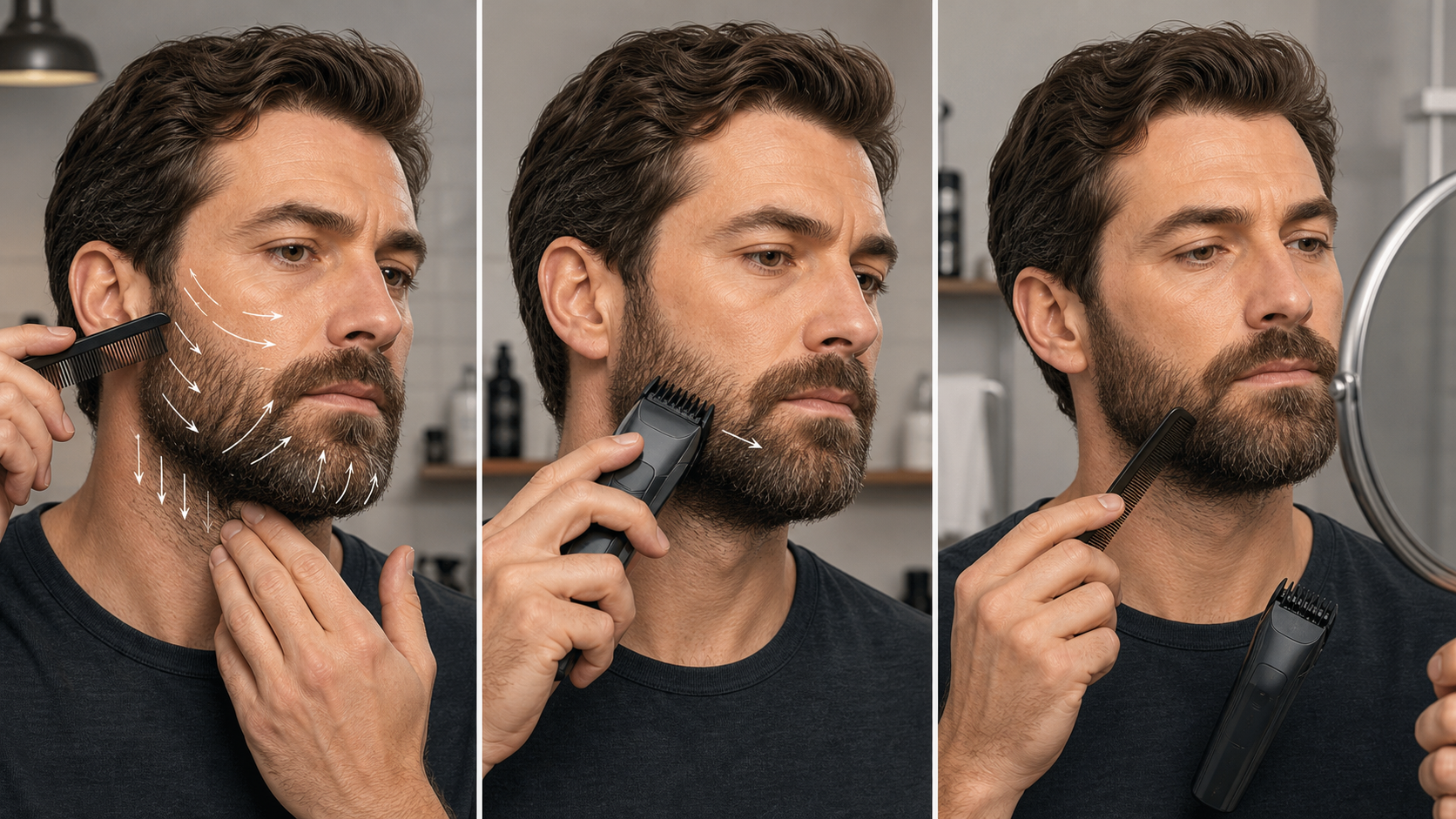 Three-stage medium-beard with-the-grain workflow showing local growth-direction mapping, one light pass with a longer guarded trimmer, and recombing the tested zone before reassessment