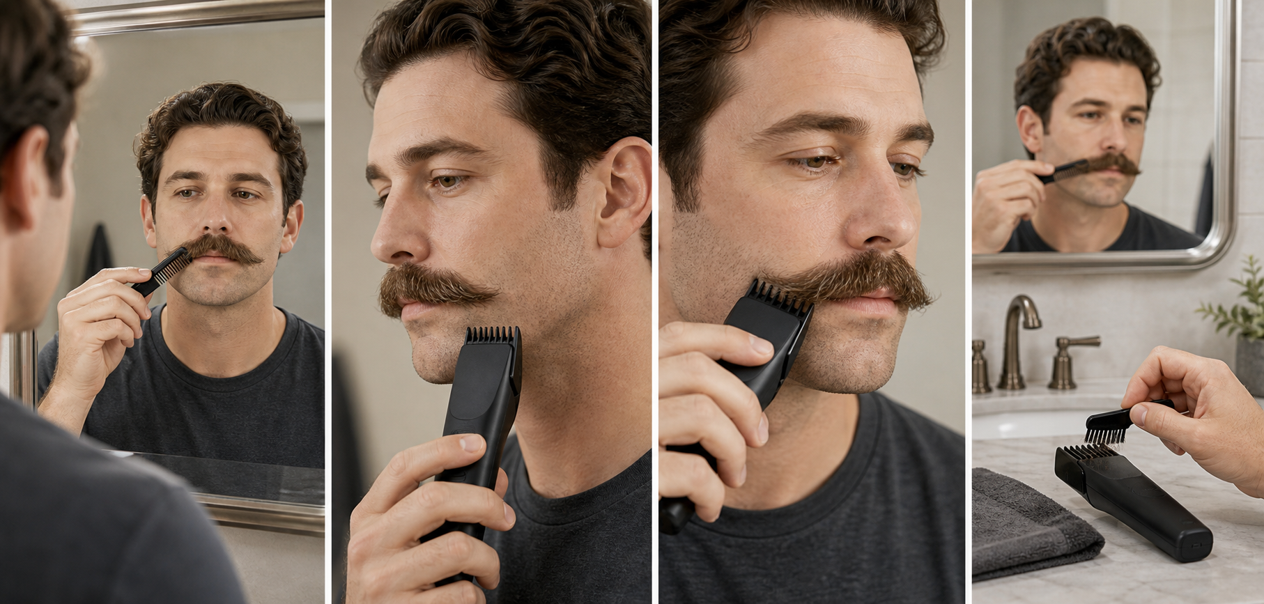 Four-stage mustache grain workflow showing natural-direction combing, an off-face guarded tool check, one bounded outer-section pass, and switched-off clearing before mirror reassessment
