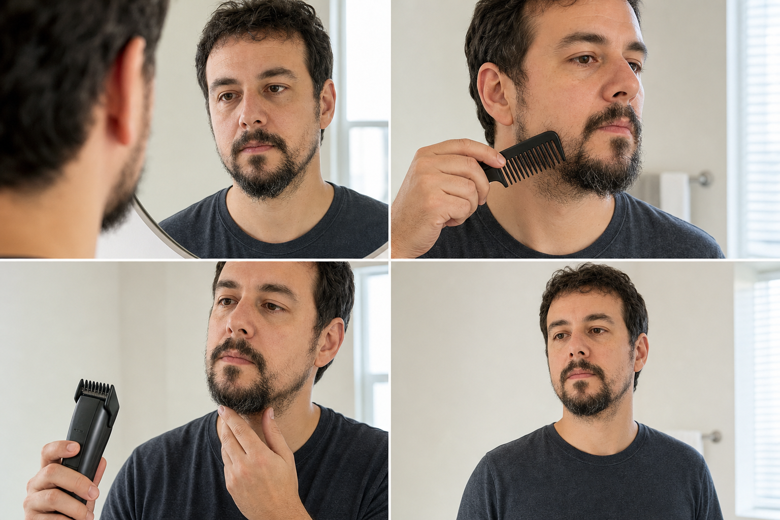 Four-stage patchy goatee workflow showing a dry released baseline, gentle local-direction combing, a switched-off guarded trimmer held away during silhouette planning, and normal-distance released review