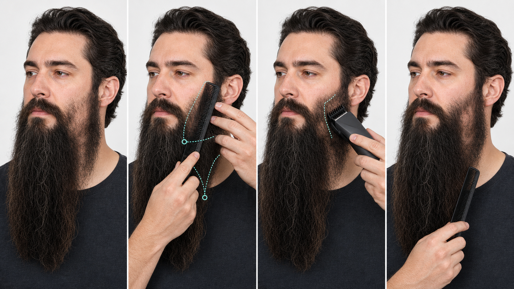 Four-stage patchy long-beard workflow showing unchanged natural density, coverage-layer mapping, one conservative guarded correction on dense outer projection, and fully released reassessment