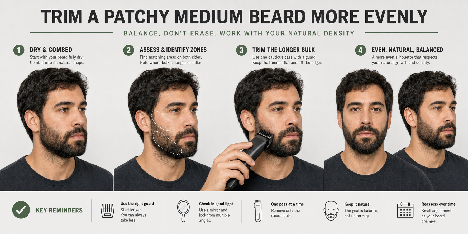 Four-stage patchy medium-beard balancing guide showing a dry combed beard, matched density zones, one cautious guarded bulk pass, and a balanced natural silhouette that preserves lighter areas