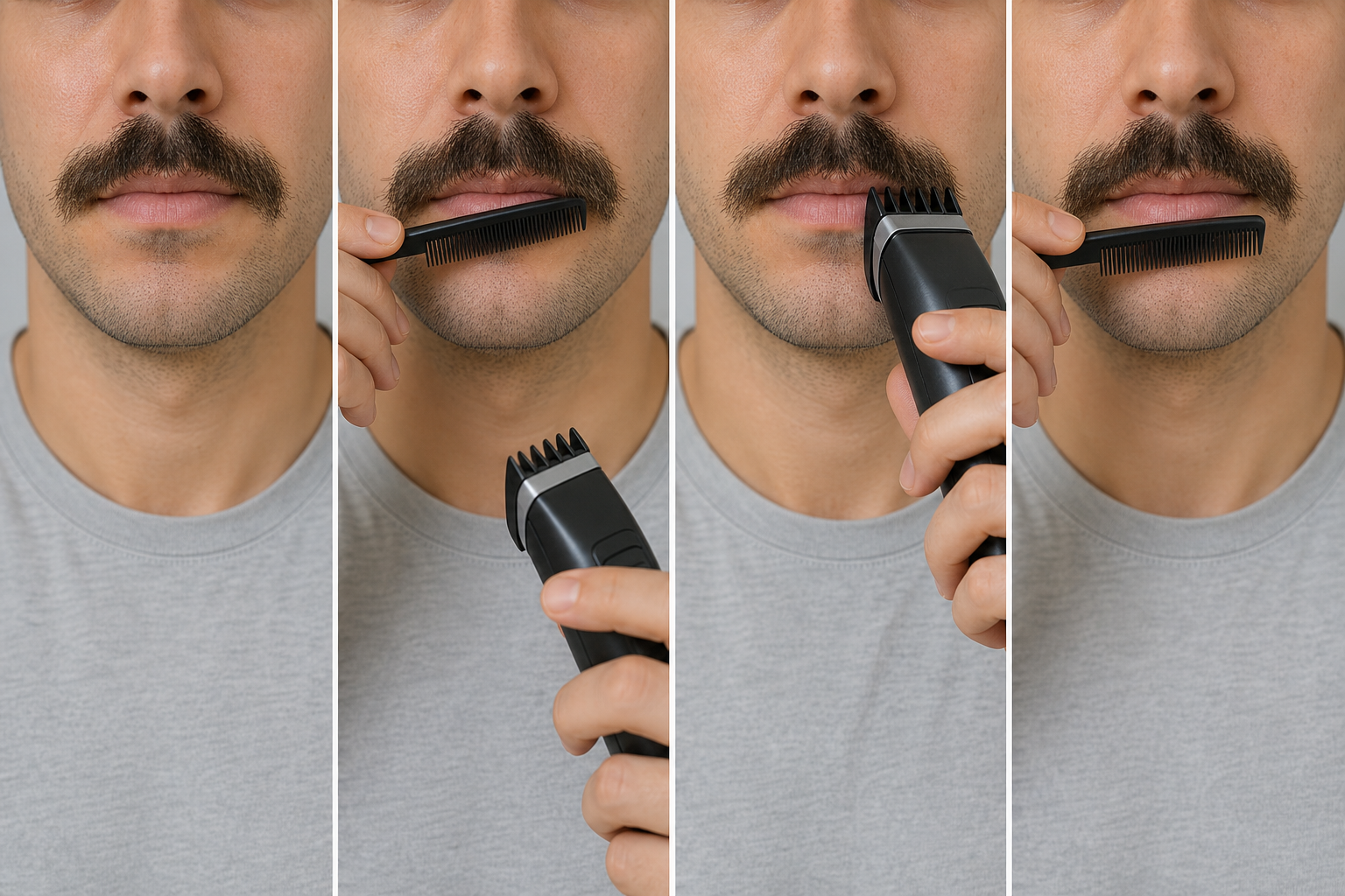 Four-stage patchy mustache balance workflow showing a released baseline, protected sparse zone, one guarded dense-zone correction, and switched-off recombing before reassessment
